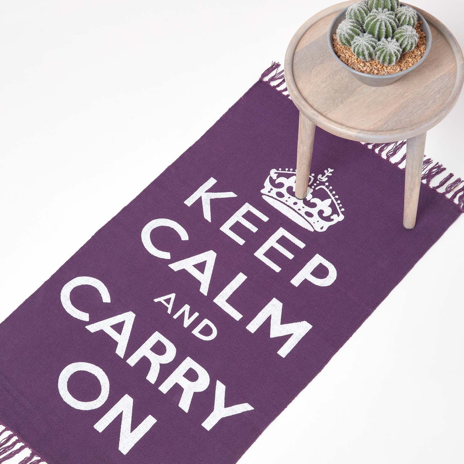 Keep Calm And Carry On Handwoven 100% Cotton Rug | 60cm x 100cm | Purple