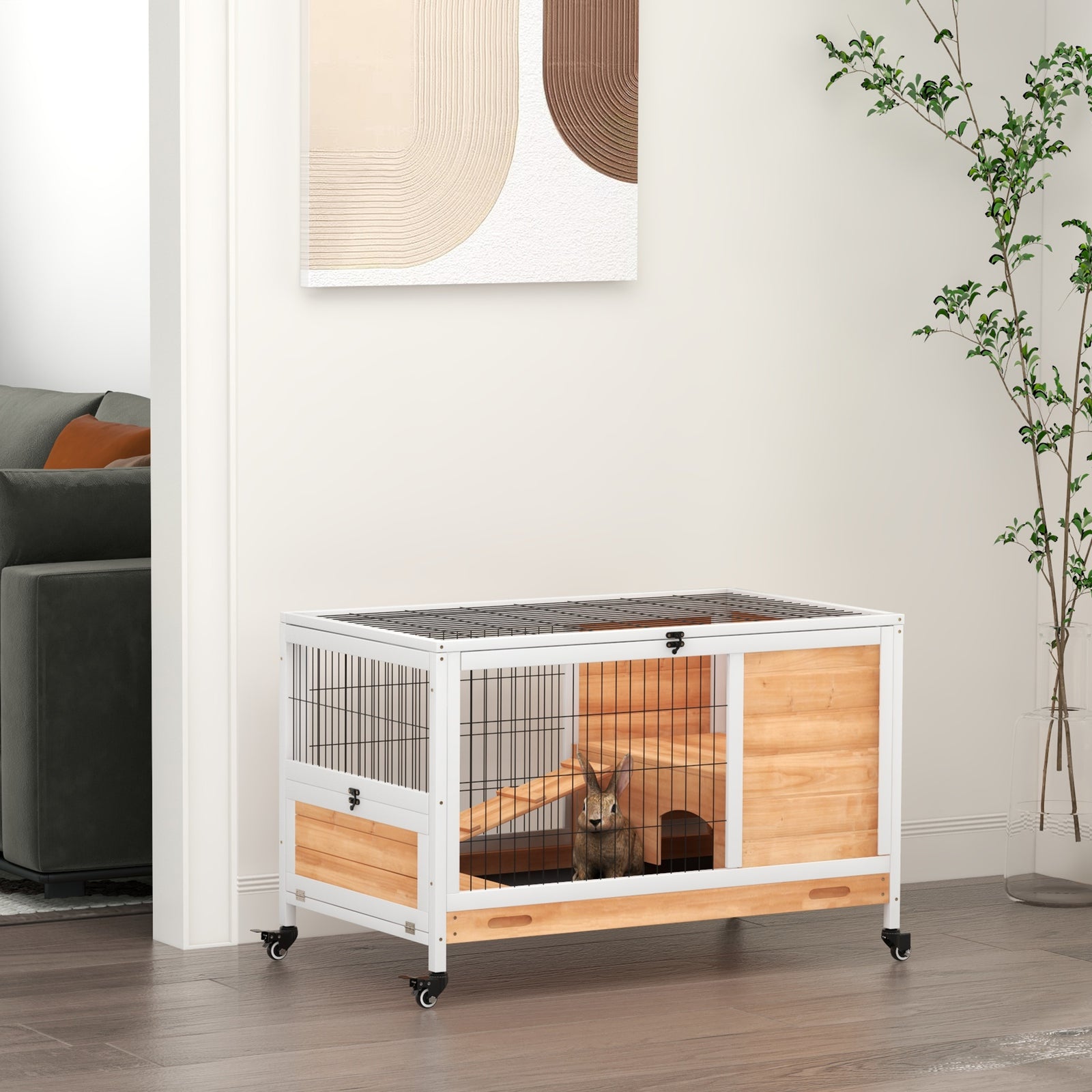 Wood Indoor Rabbit Hutch Elevated 2-floor Guineas Pigs Cage W/ Wheels | Yellow