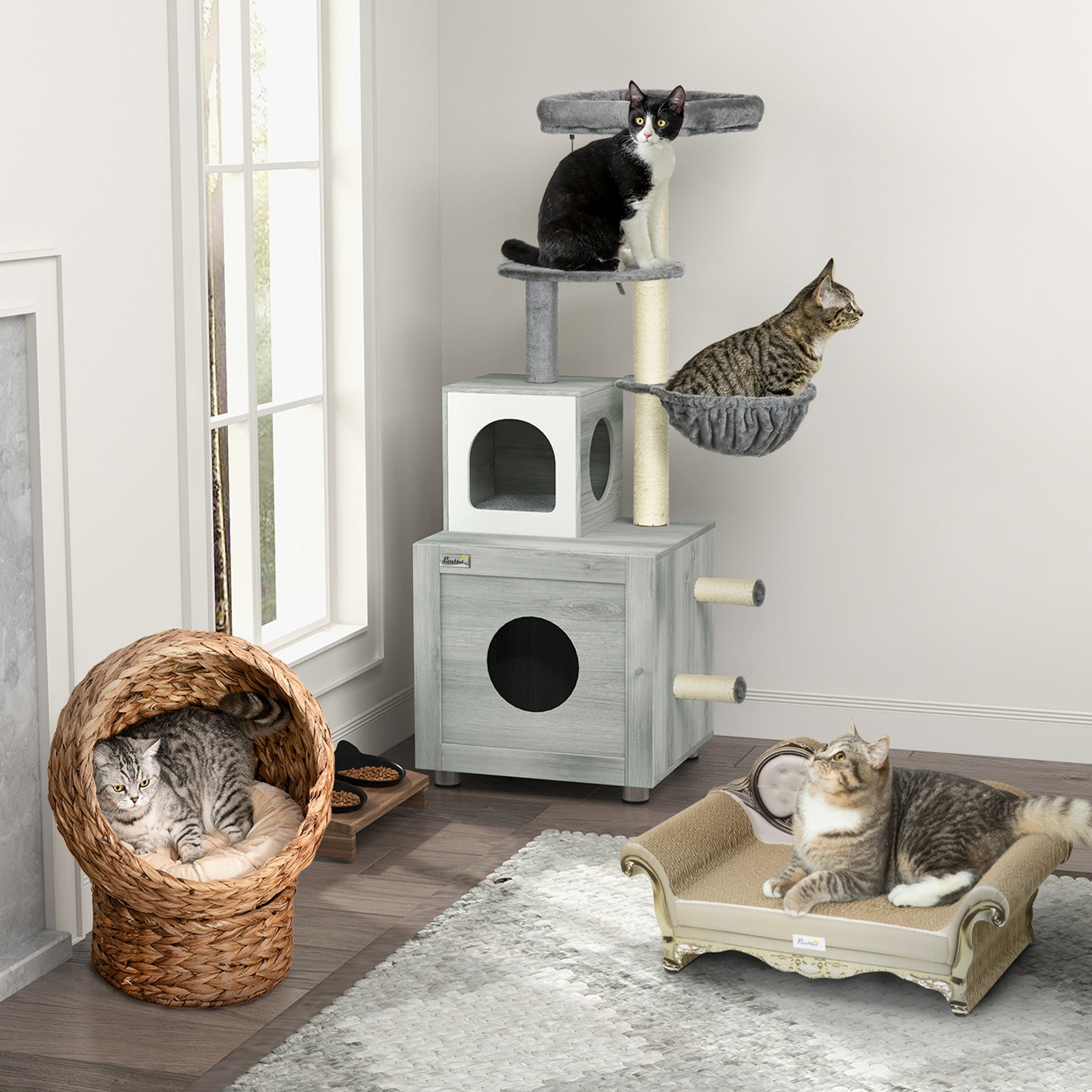 Wicker Cat House, Raised Cat Bed With Cushion, 40 X 37 X 51cm/50 X 42 X 60 Cm | Small | Brown