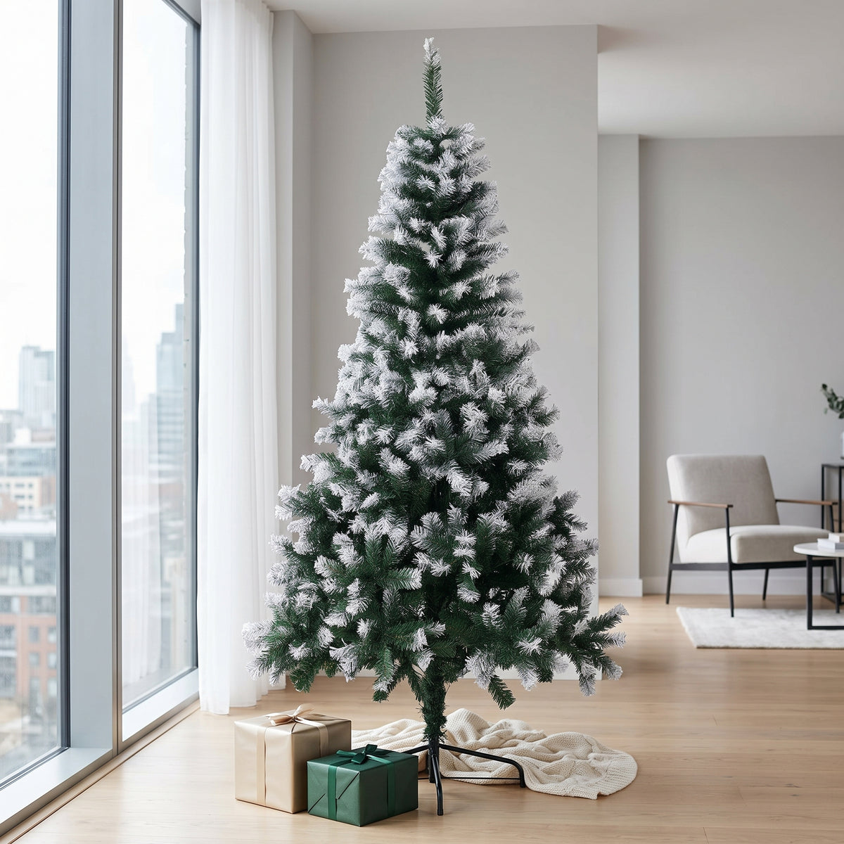 Breeins 180cm Snow-flocked Artificial Christmas Tree With Lush Green Branches