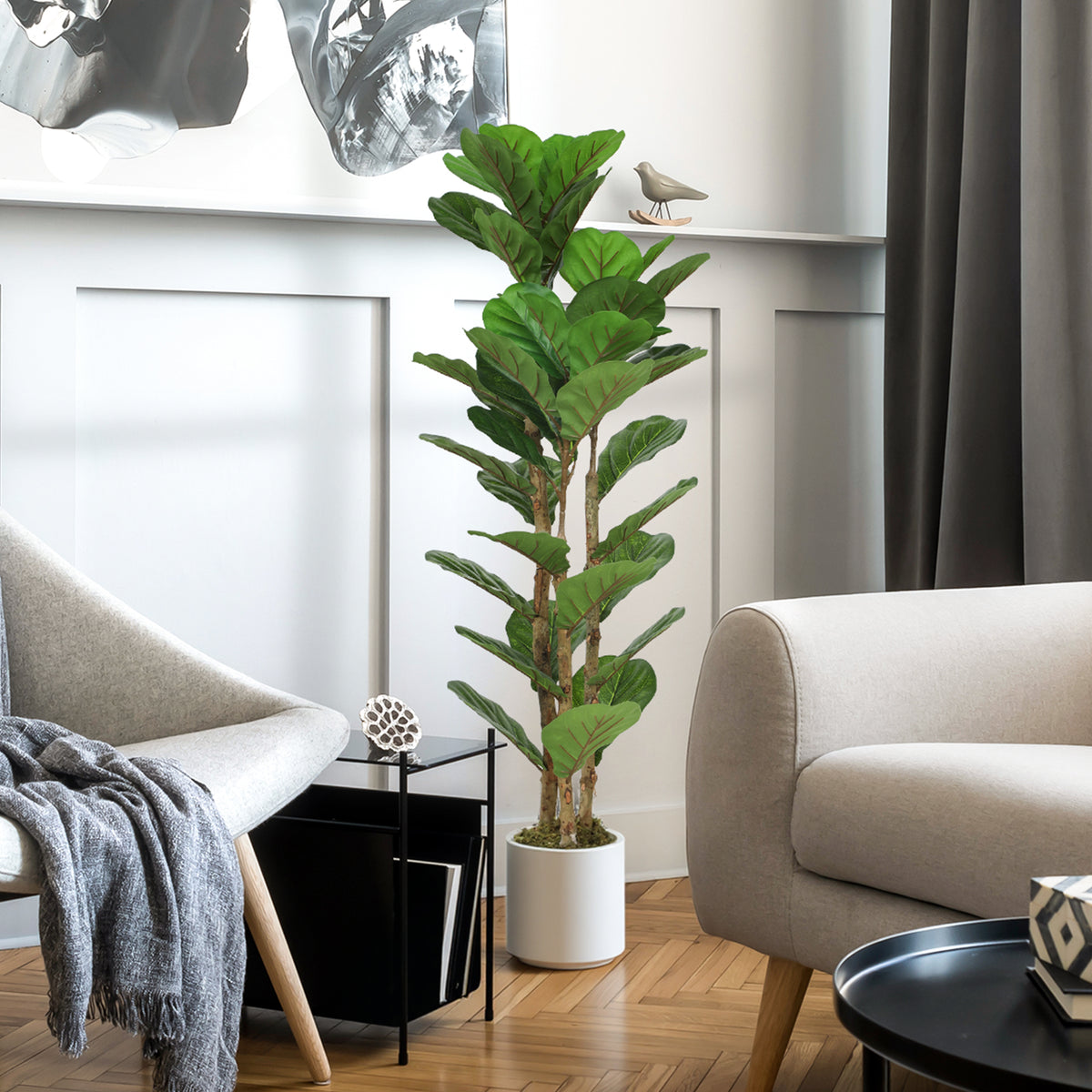 HOMCOM 120cm Artificial Fiddle Leaf Fig Tree With Solid Wood Trunks