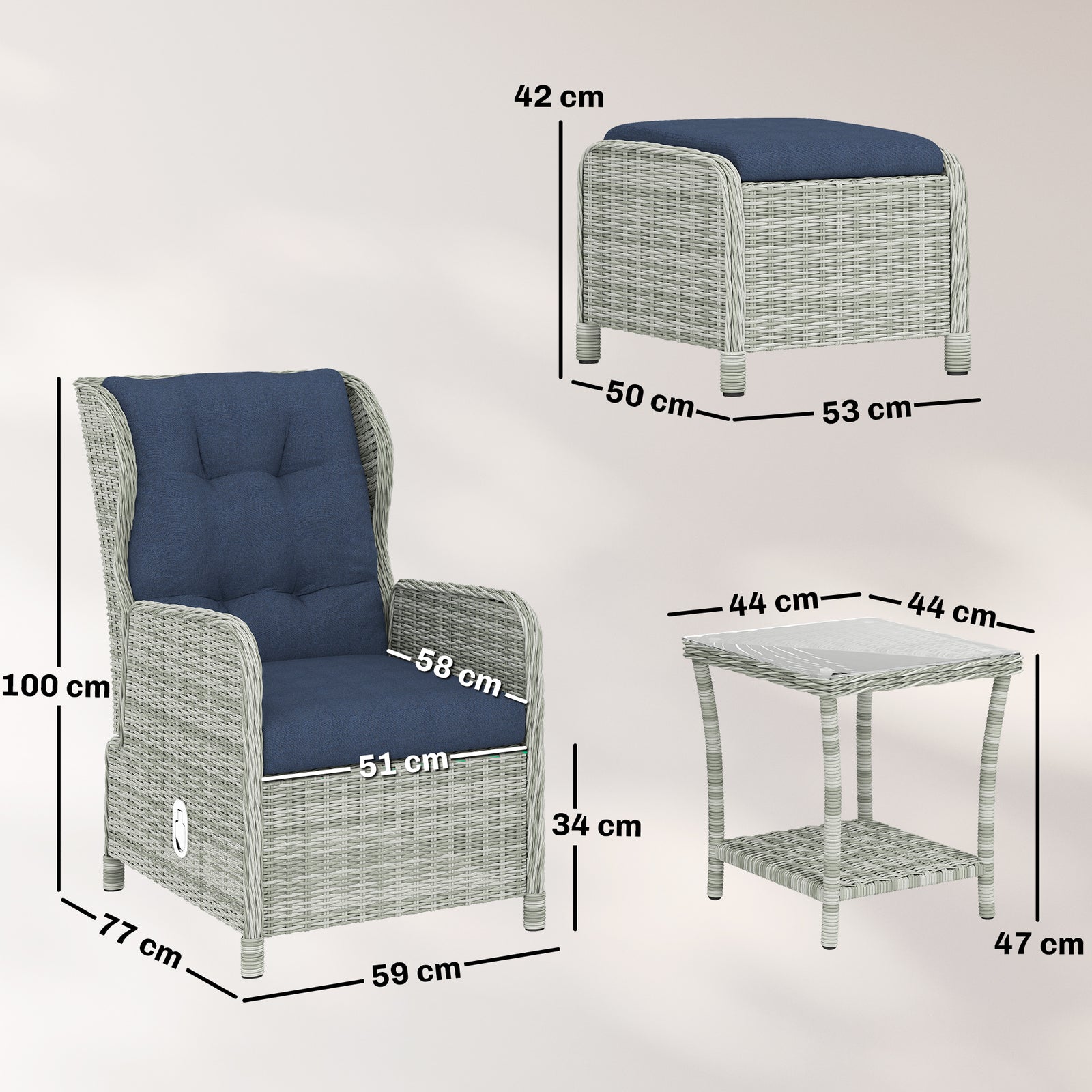 Garden Furniture Set, Rattan Reclining Garden Chair Set | Blue