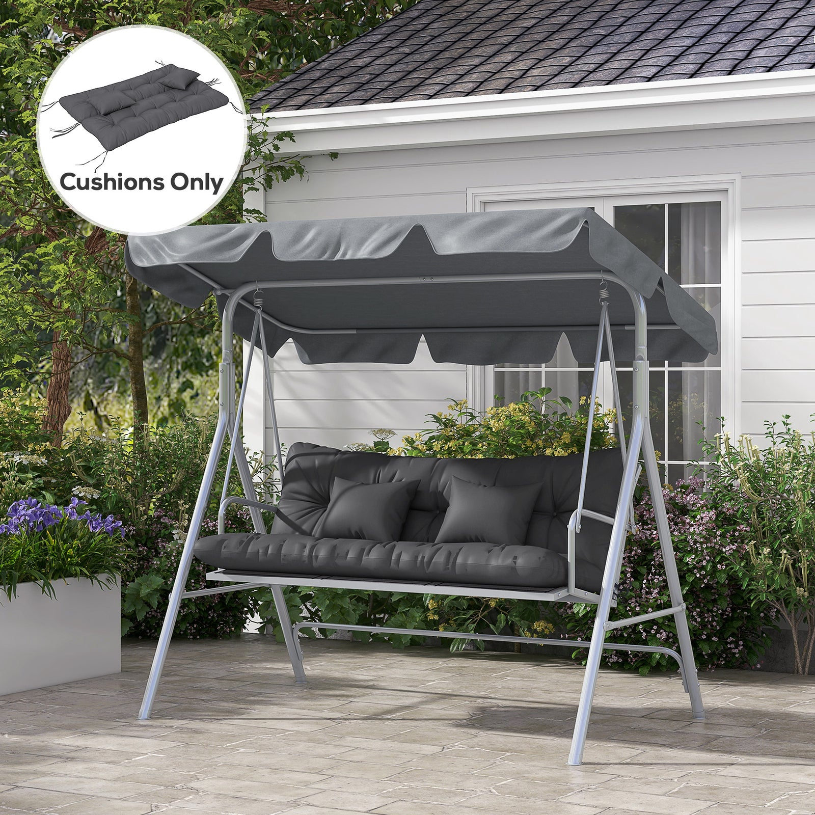 Seat Cushions Back Cushion W/2 Pillows, Water Repellent | Charcoal Gray