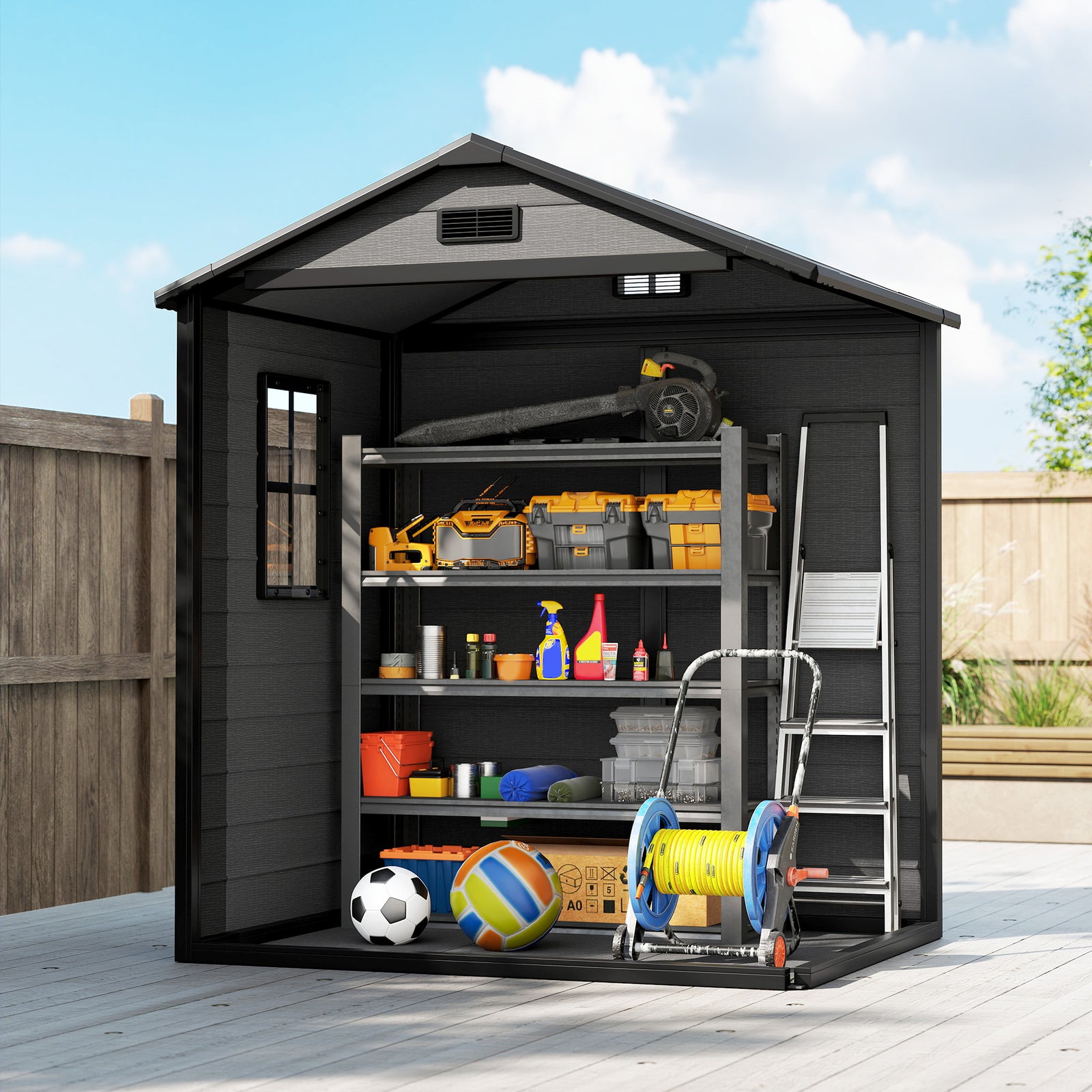 Garden Shed 6'x4.5' Plastic Tool Storage House W/ Lockable Double Doors | Dark Grey