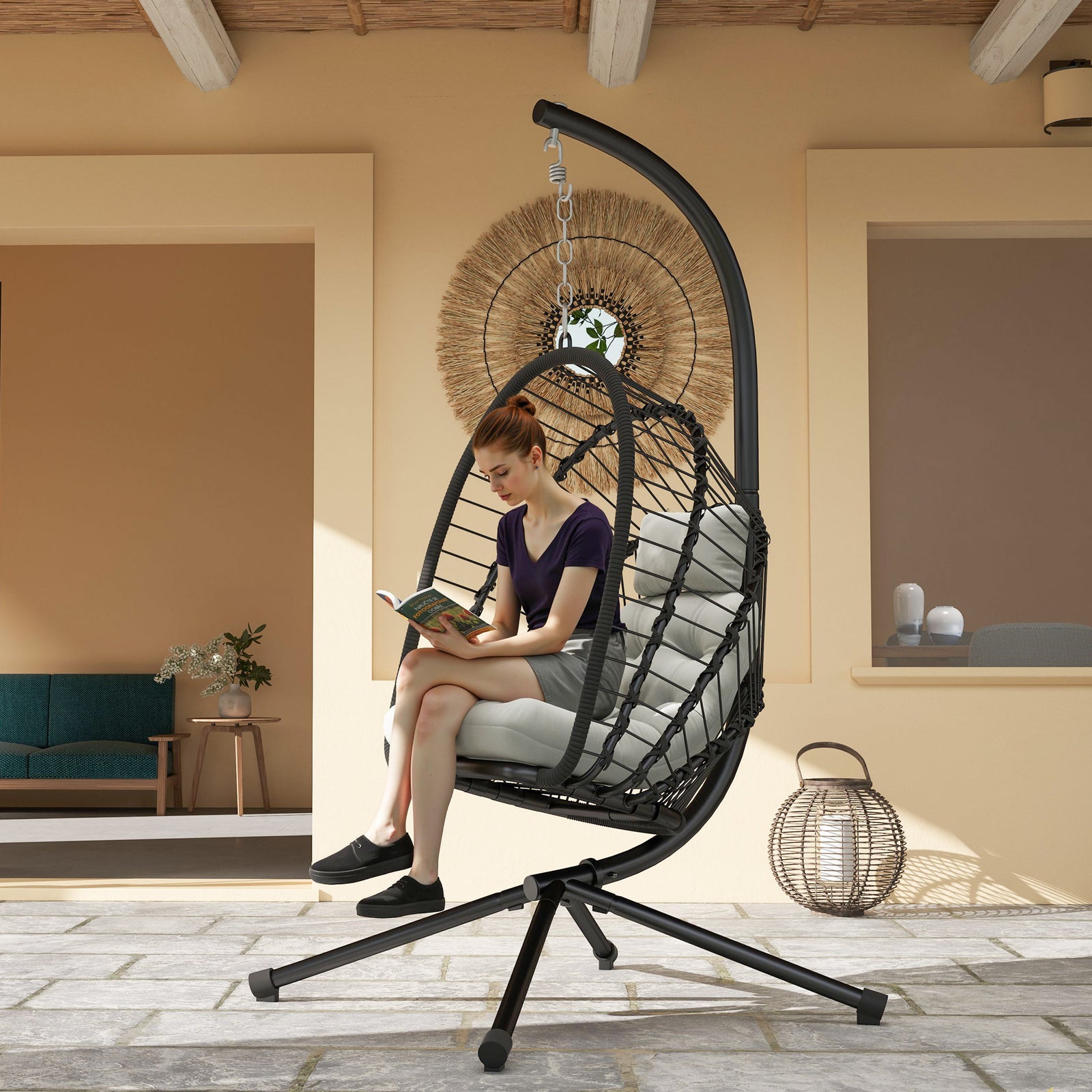 Pe Hanging Swing Chair W/ Thick Cushion, Patio Hanging Chair