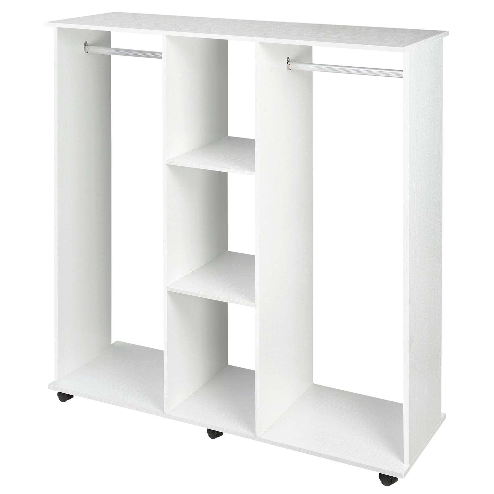 Mobile Double Open Wardrobe W/ Clothes Hanging Rail Colthing | One Size | White