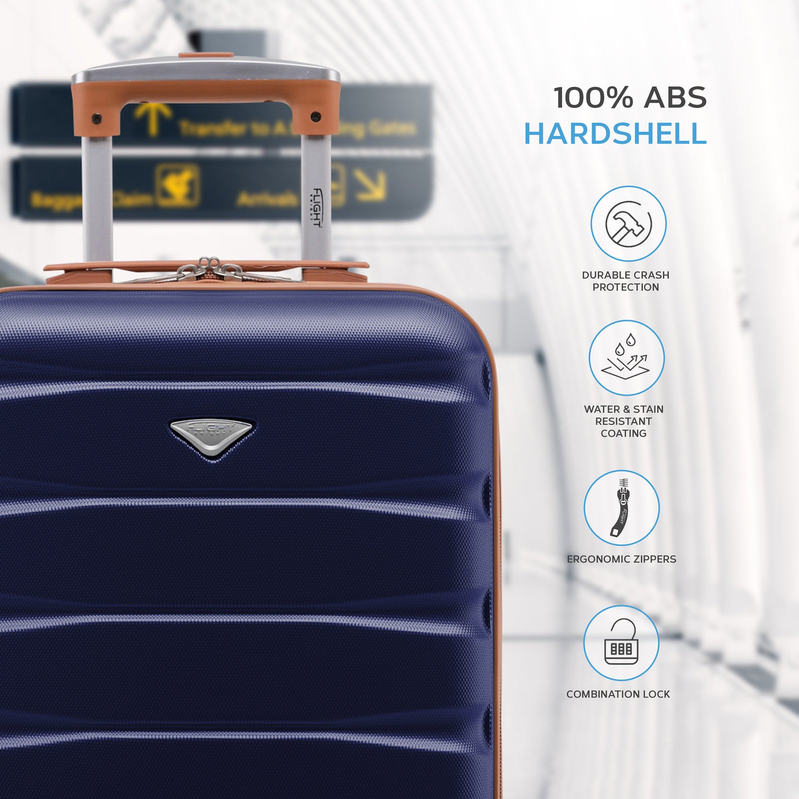 55x35x20cm Cabin Carry On Suitcase Hard Shell Overhead Luggage 100+ Airlines Approved | Cabin | Navy & Tan