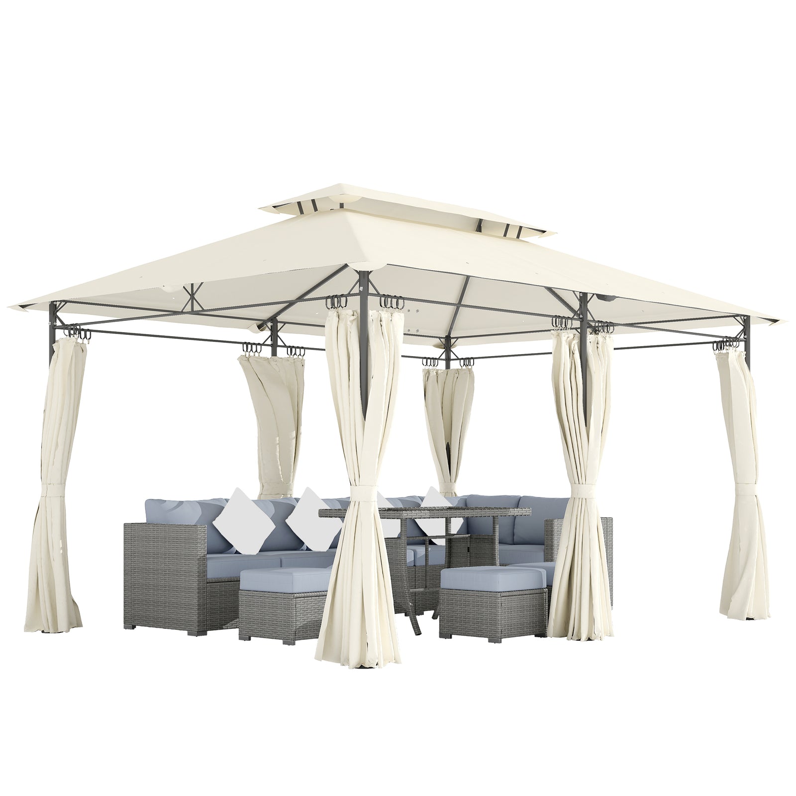 3x4m Garden Gazebo With Sides, Double Roof Metal Gazebo | Cream