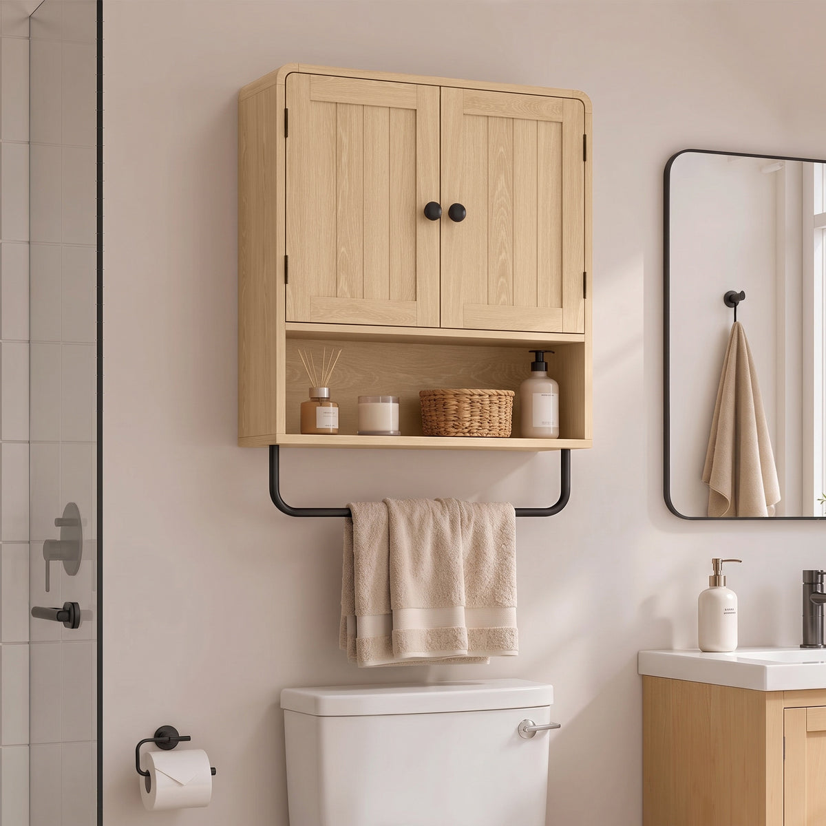 HOMCOM Bathroom Cabinet With 2 Doors And Adjustable Shelf, Oak