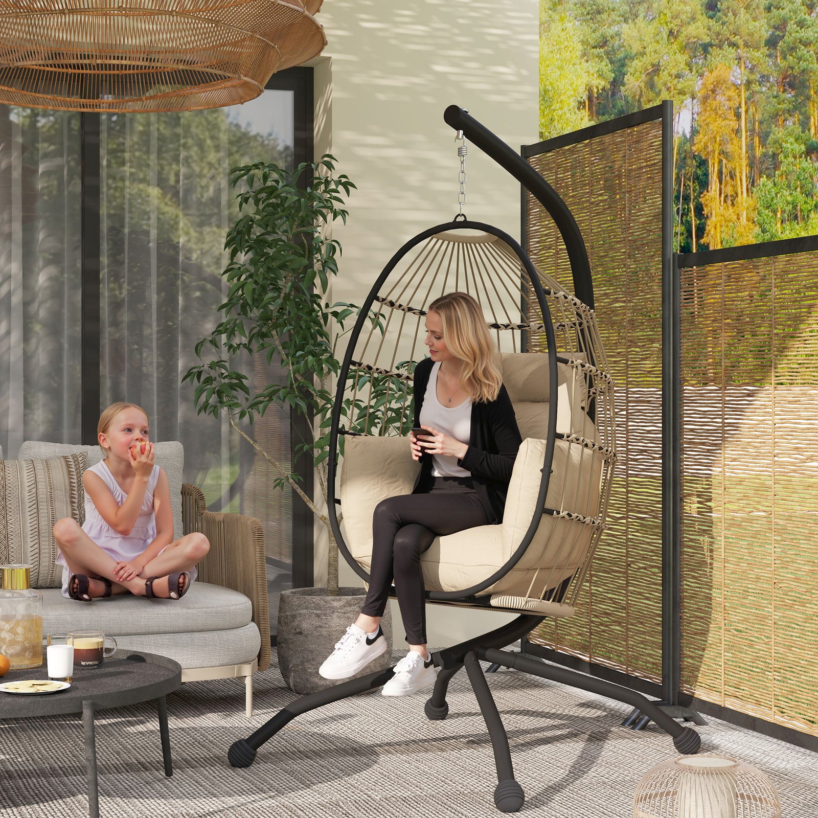 Egg Chair Outdoor Indoor Garden Swing Chair, Folding Basket | Khaki