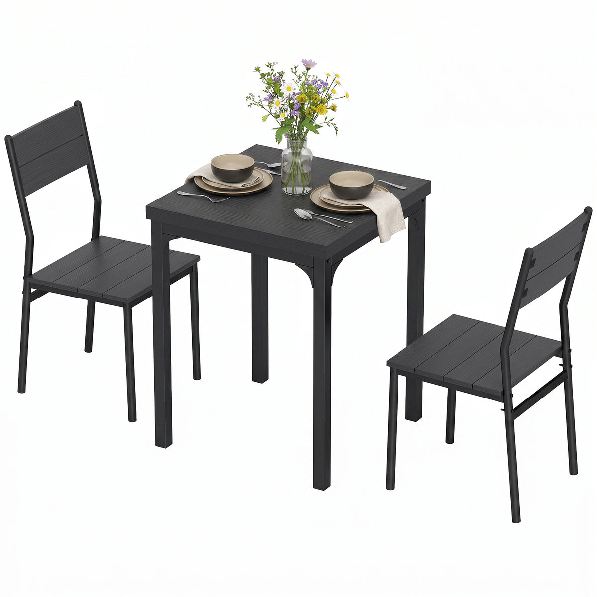 3 Pcs Compact Dining Table 2 Chairs Set | Black
