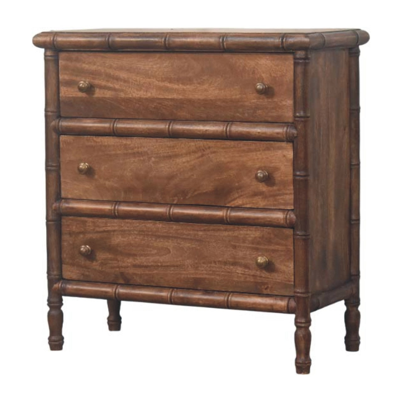 Solid Wood Bamboo Carved Chest, 3 Drawers, Dark Brown