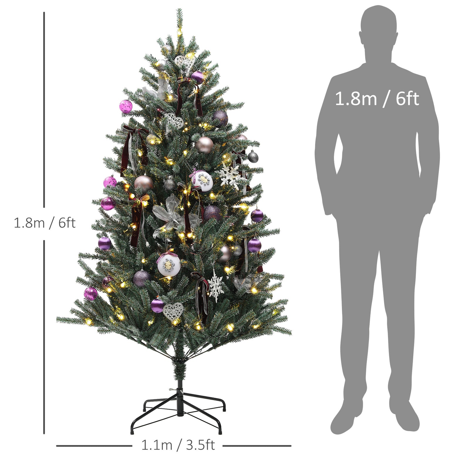 6ft Artificial Prelit Christmas Tree W/ Led Lights, Purple Ornaments | 6ft | Green