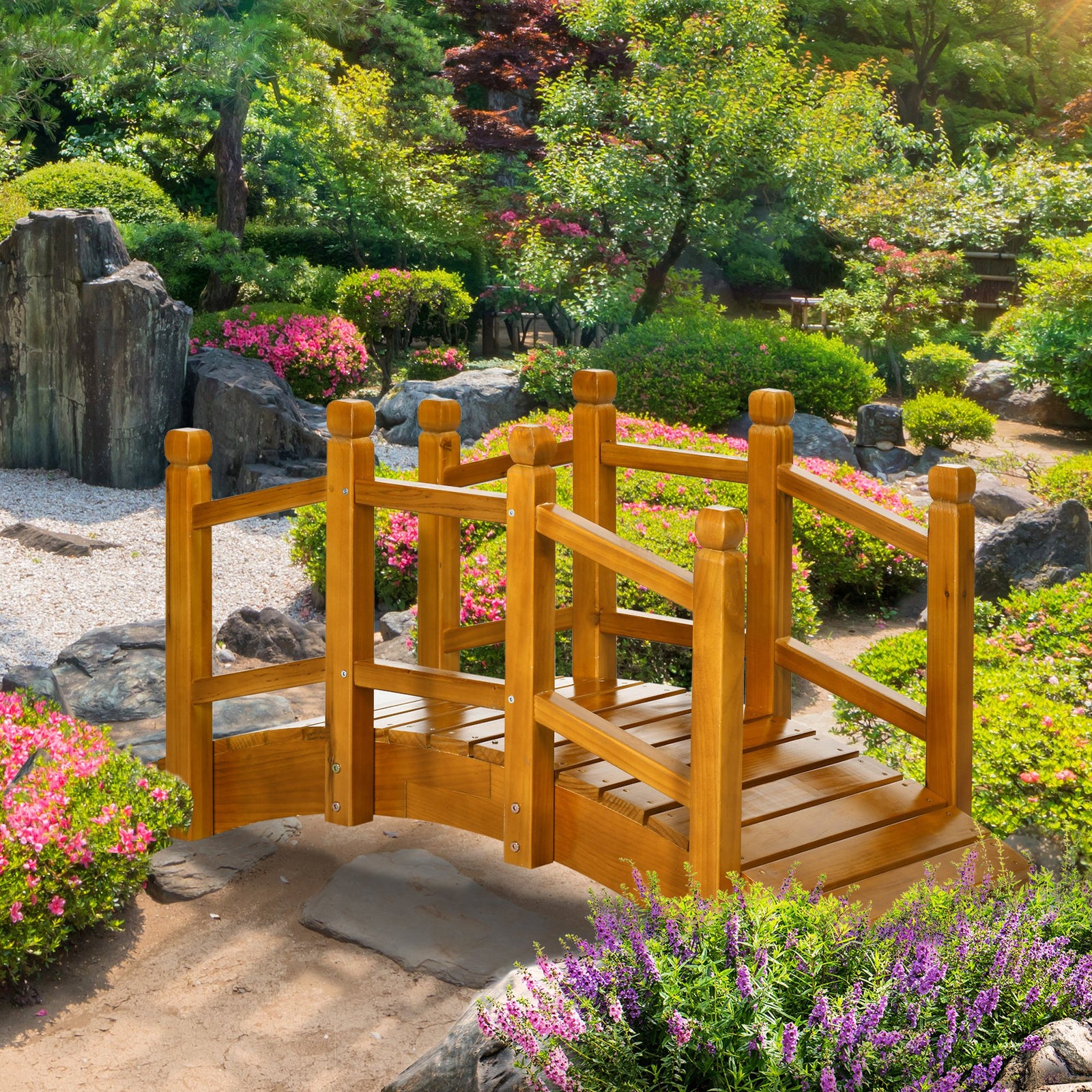 Wooden Garden Bridge With Railings, Arc Footbridge, Brown