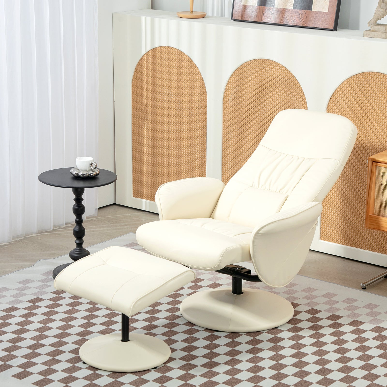 Pu Leather Armchair And Footrest Swivel Recliner W/ Ottoman | One Size | Cream