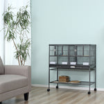 Double Rolling Bird Cage With Removable Metal Tray And Storage Shelf