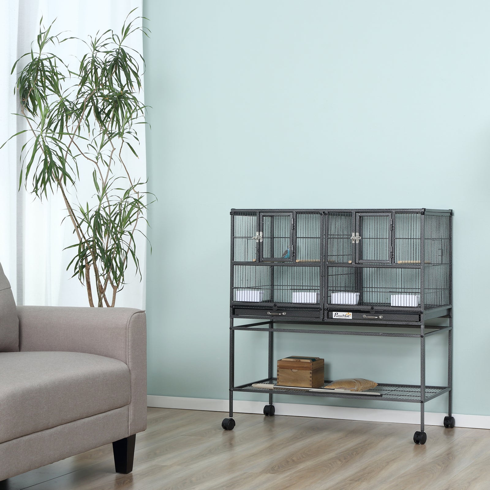 Double Rolling Bird Cage With Removable Metal Tray And Storage Shelf