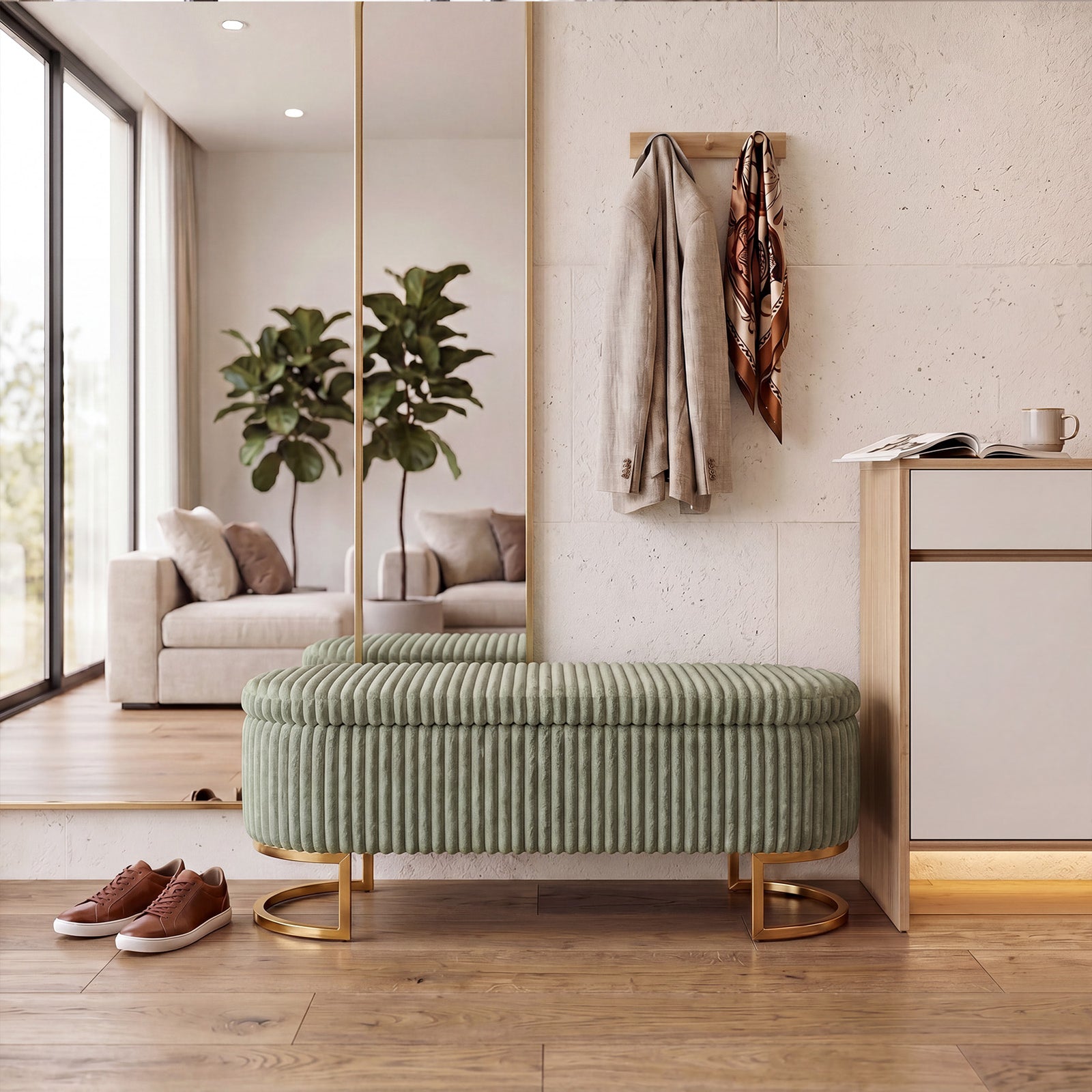 Corduroy Upholstered Storage Bench | Green