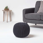 HOMESCAPES Black Round Cotton Knitted Pouffe Footstool