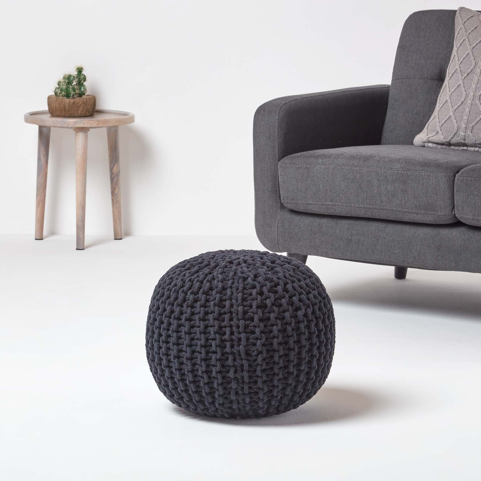 HOMESCAPES Black Round Cotton Knitted Pouffe Footstool