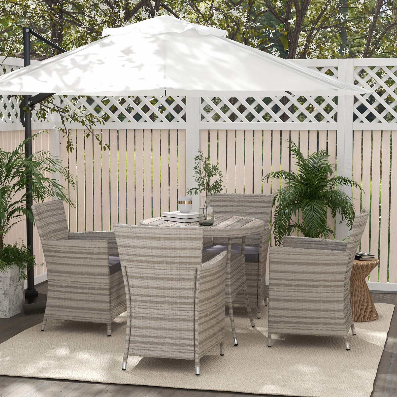 Outsunny 4 Seater Rattan Dining Set With Cushions, Double Layer Table
