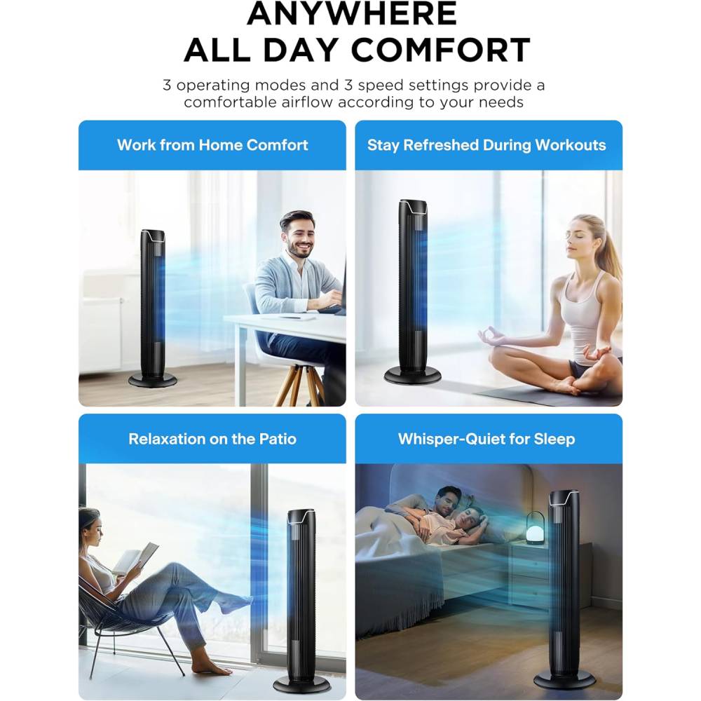 45W Quiet Tower Fan with Remote Control, Portable Fan, Oscillating Cooling Fan for Bedroom, Living Room