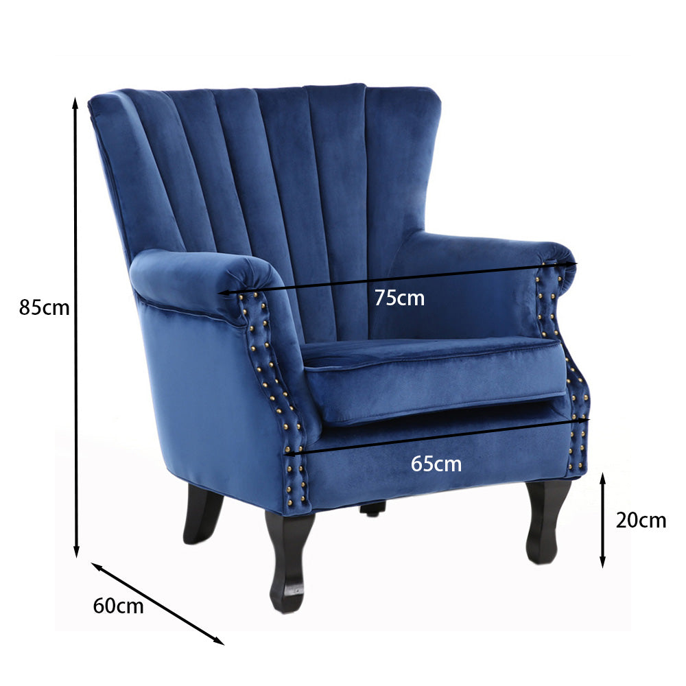 Vintage Old-fashion Velvet Wing Back Armchair With Studs | Dark Blue