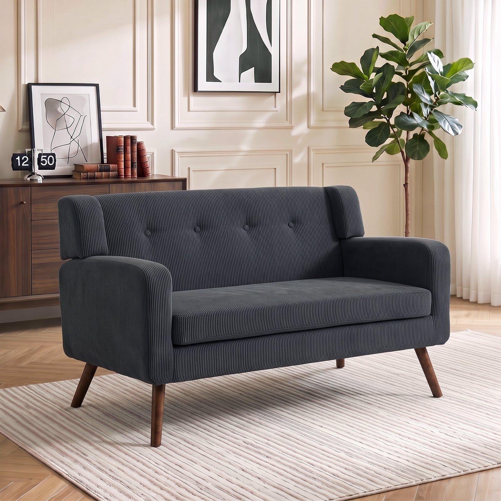 2 Seater Sofa, 118 Cm Corduroy Small Loveseat Sofa | Dark Grey