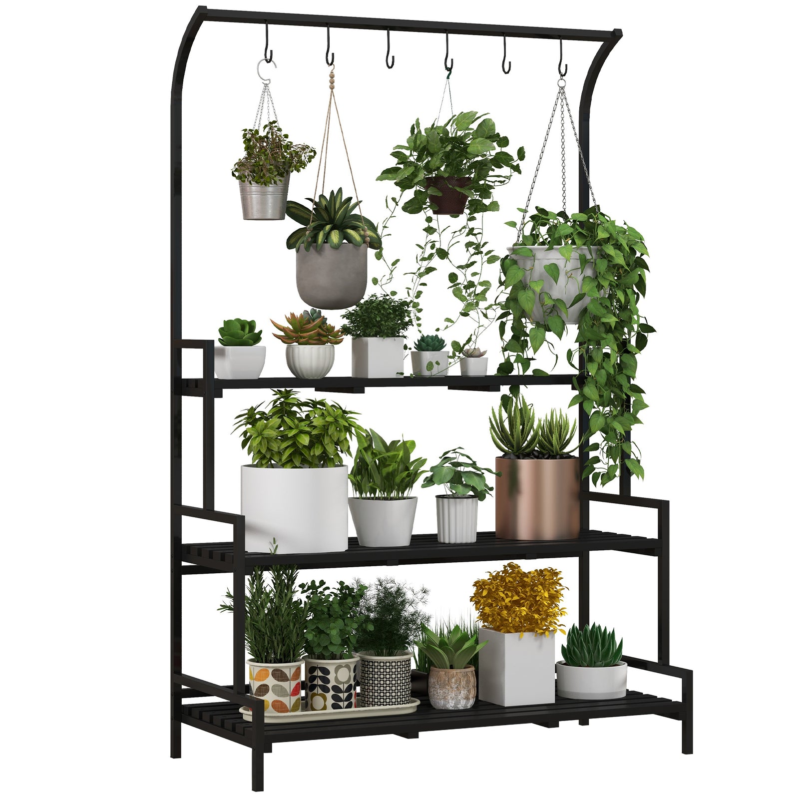 3 Tiered Plant Stand Ladder Shelf With Hanging Hooks