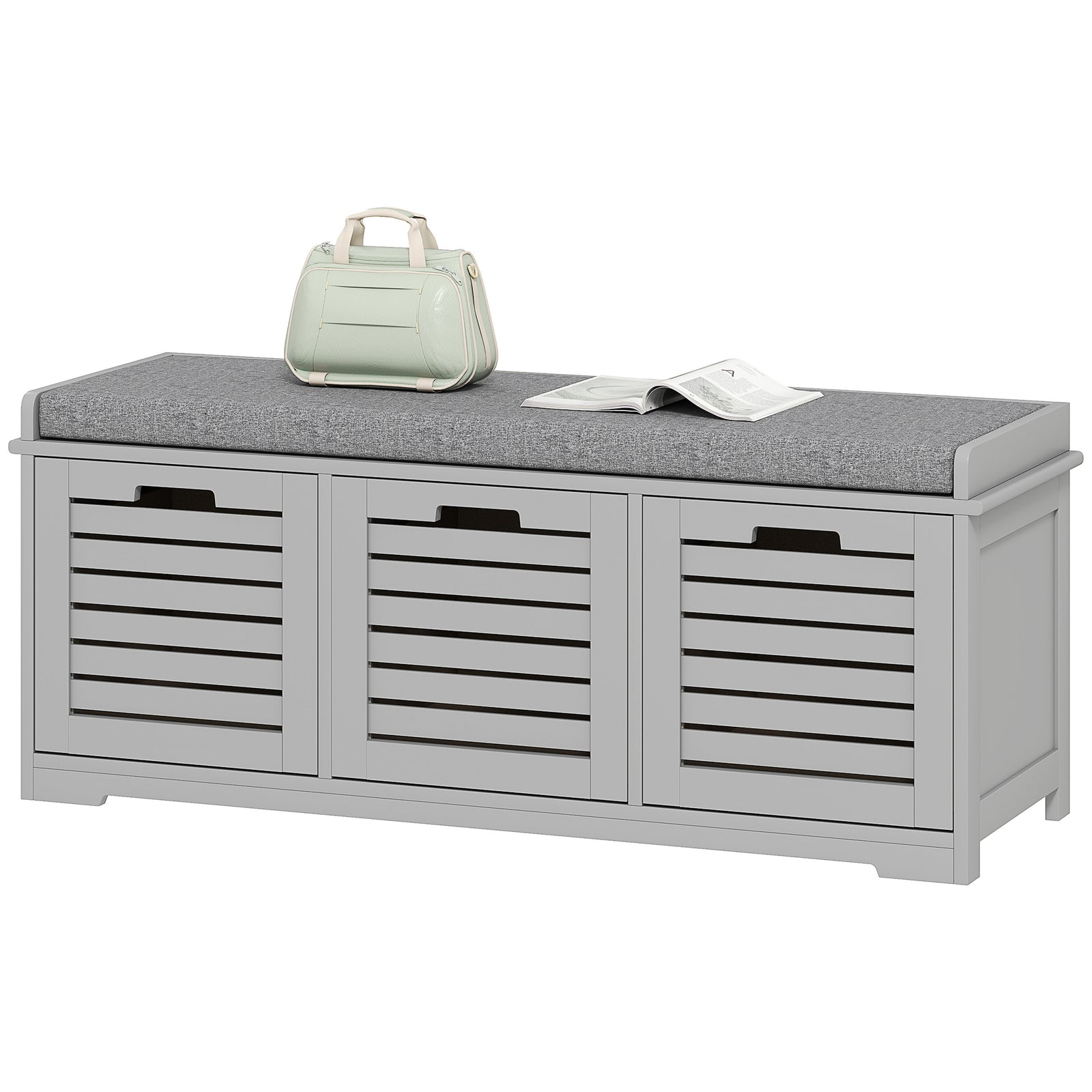 3-door Shoe Storage Bench Cushion Seat Slatted Doors | Grey