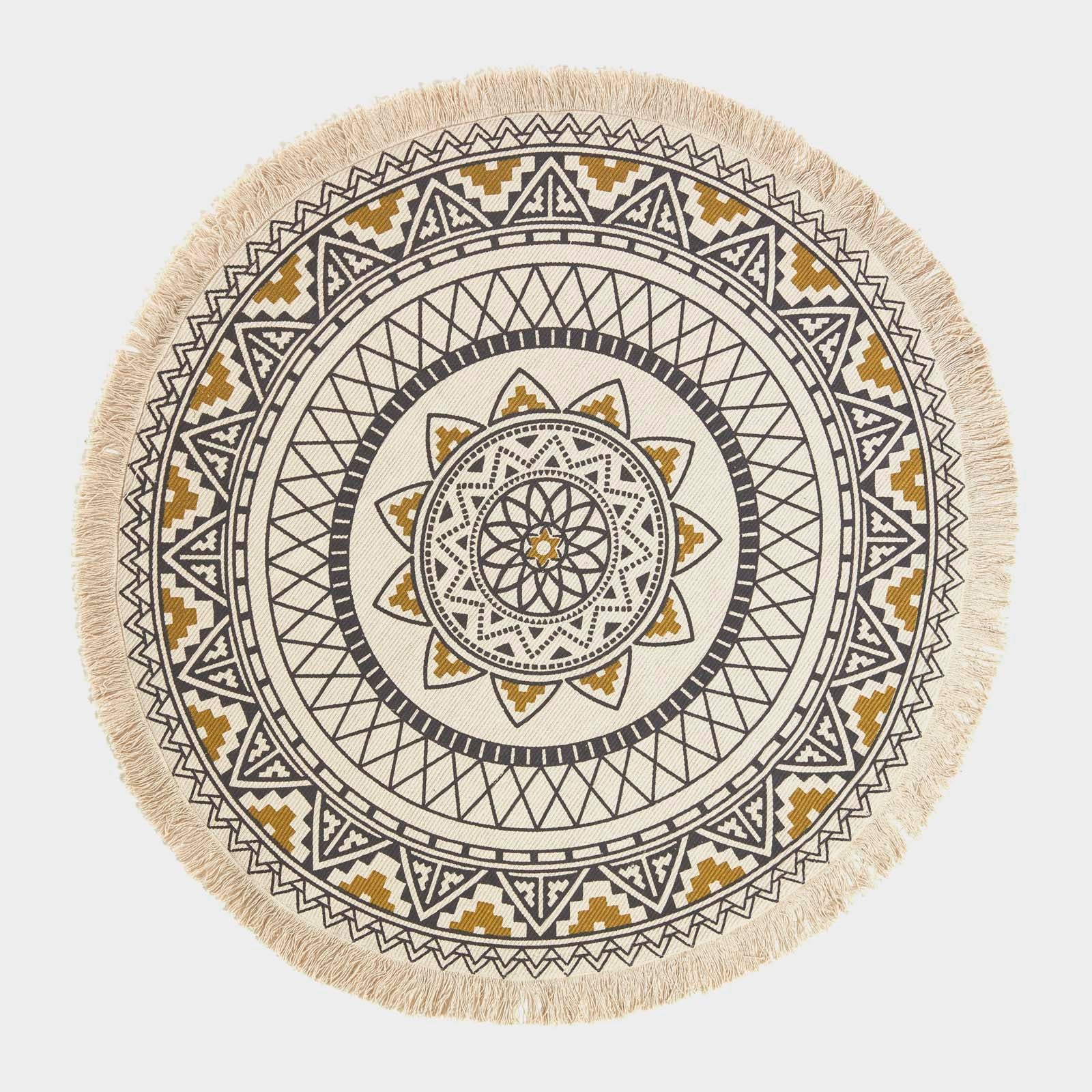 Mandala Printed 100% Cotton Round Rug | 140cm | Black & Gold