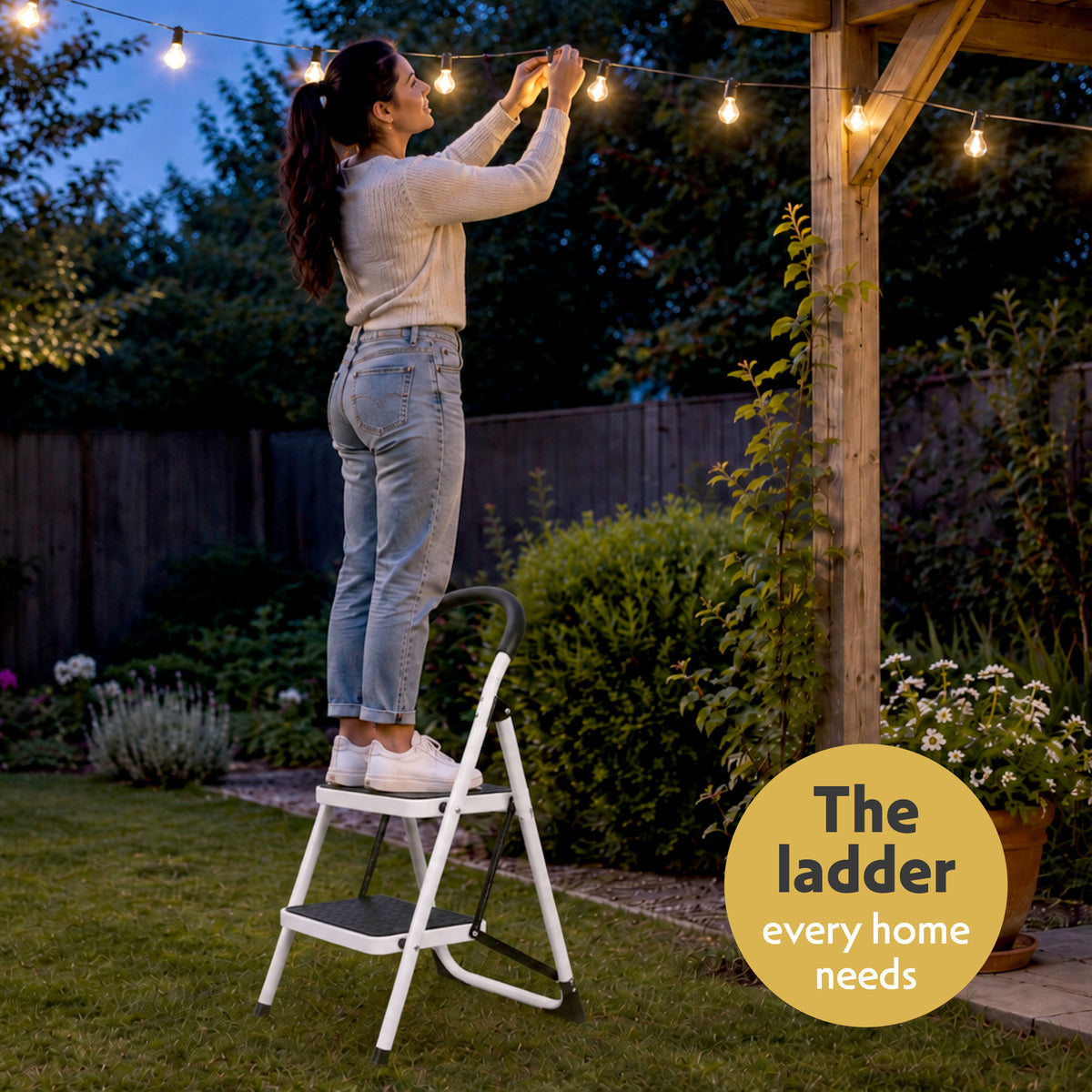 Step Ladder Premium Heavy-duty Steel Folding Step Stool 150kg Capacity | 2 Step | White