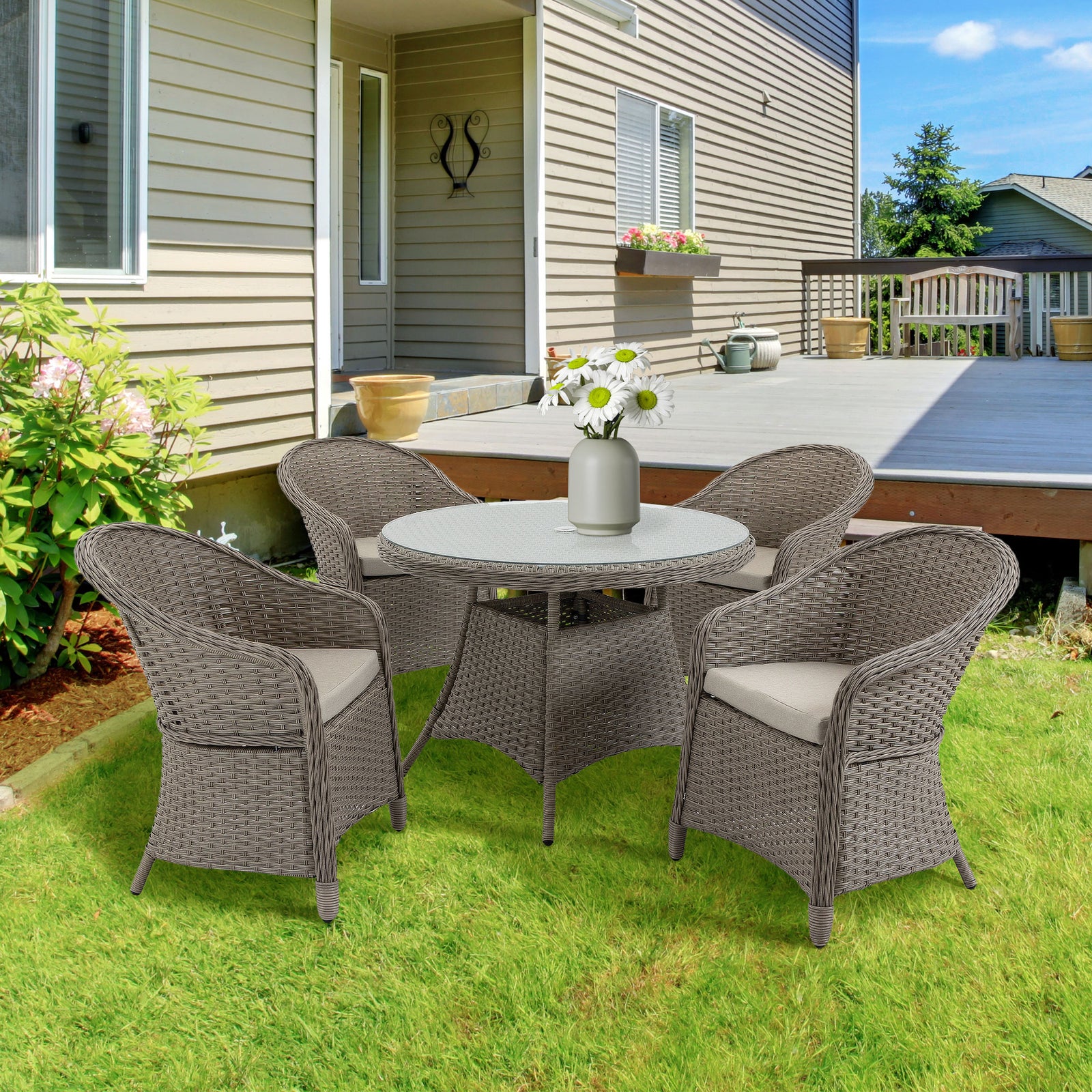 5 Pieces Outdoor Pe Rattan Dining Set W/ Hole