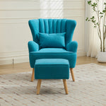 Modern Wingback Accent Chair Armchair With Footstool And Lumbar Pillow | Blue