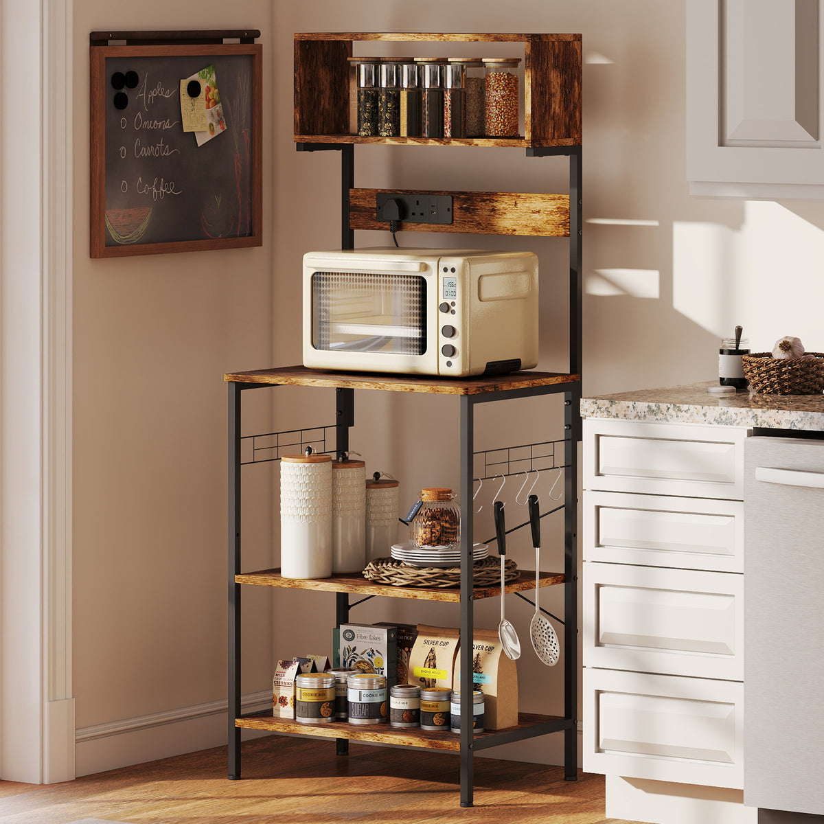 HOMCOM Bakers Rack With Power Outlet, 5 Hooks, Microwave Stand, Brown