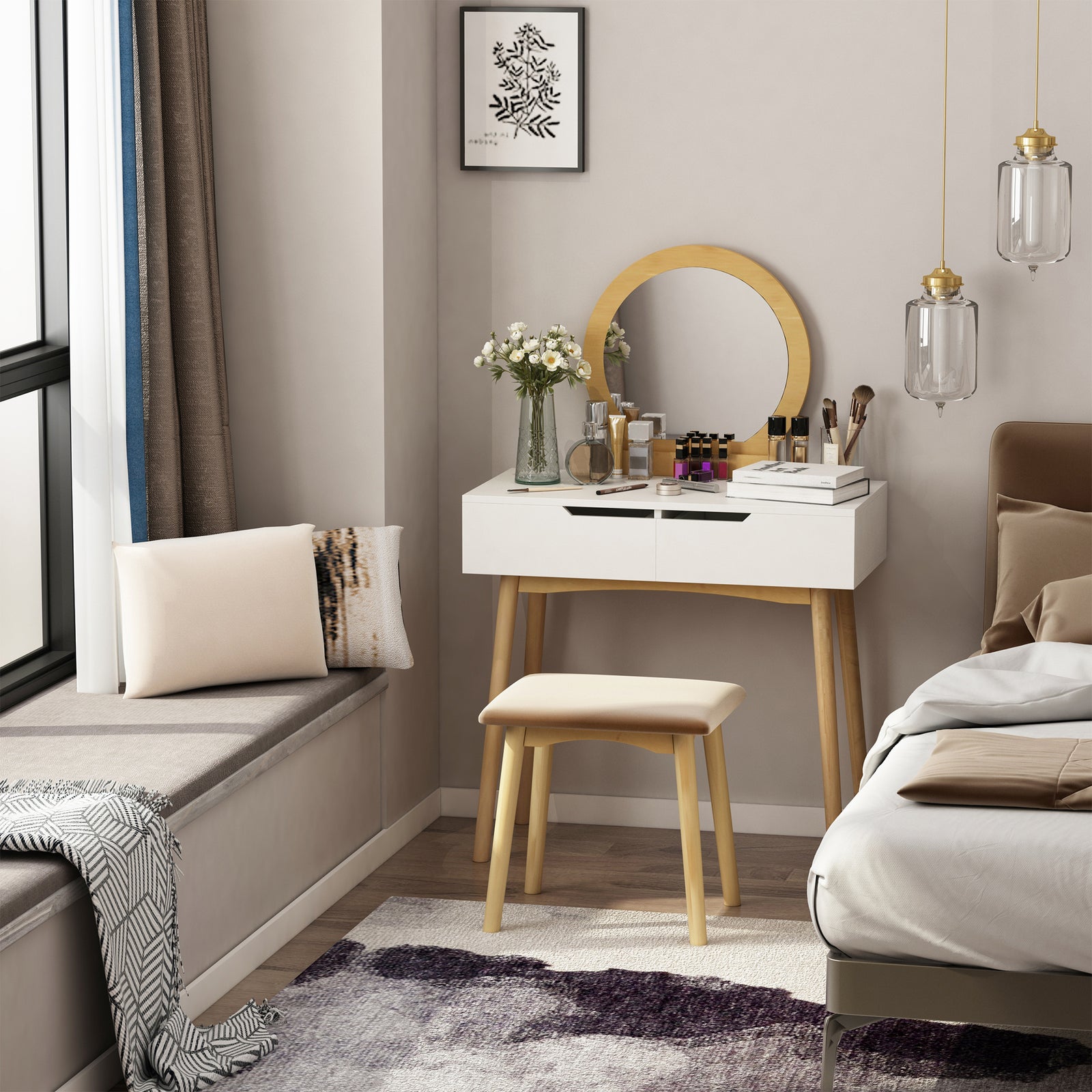 HOMCOM Dressing Table & Stool Set W/ Drawers Mirror Modern Elegant