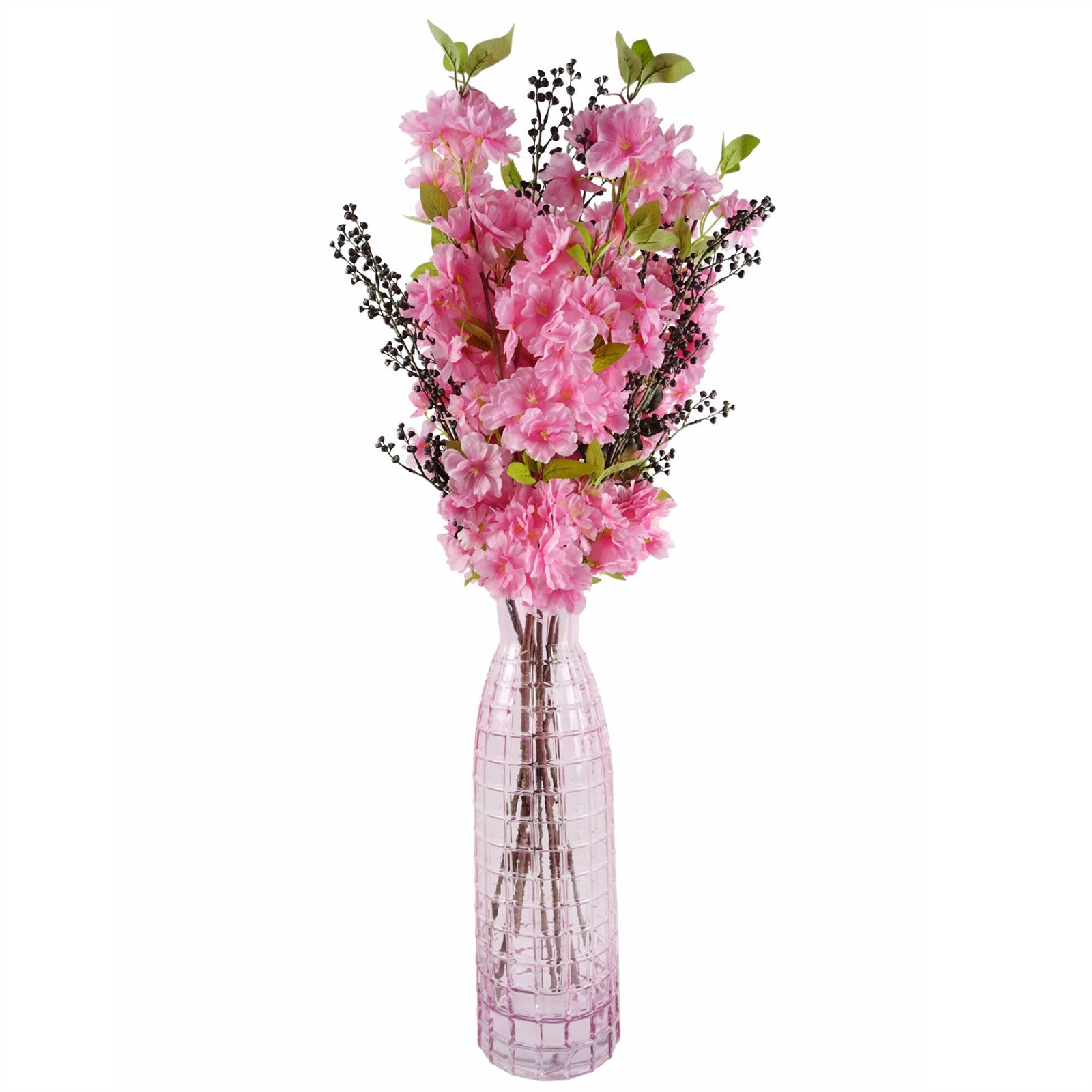 100cm Pink Artificial Blossom And Berries Glass Vase