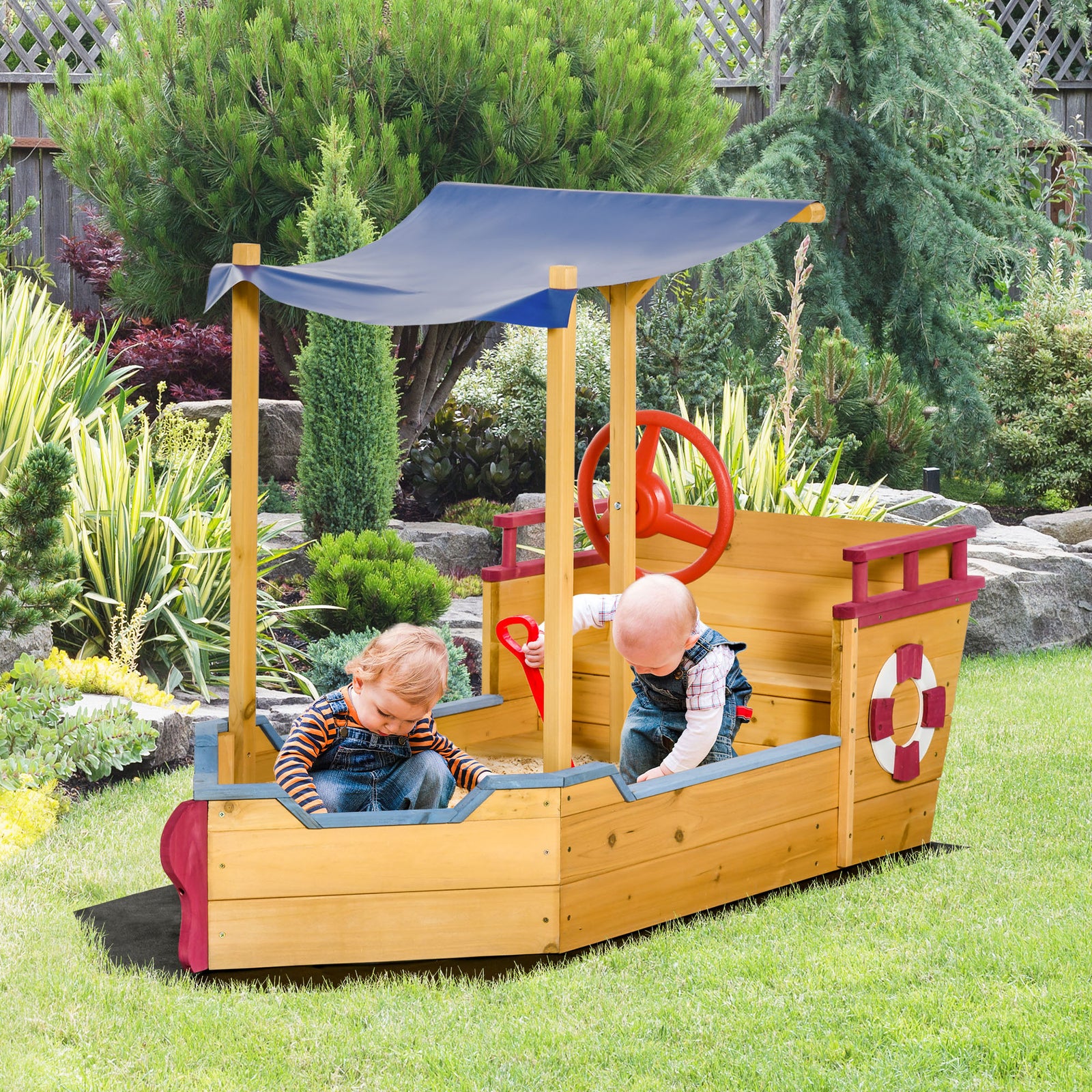 Kids Wooden Sand Pit Sandbox Pirate Sandboat Outdoor W/ Canopy Shade