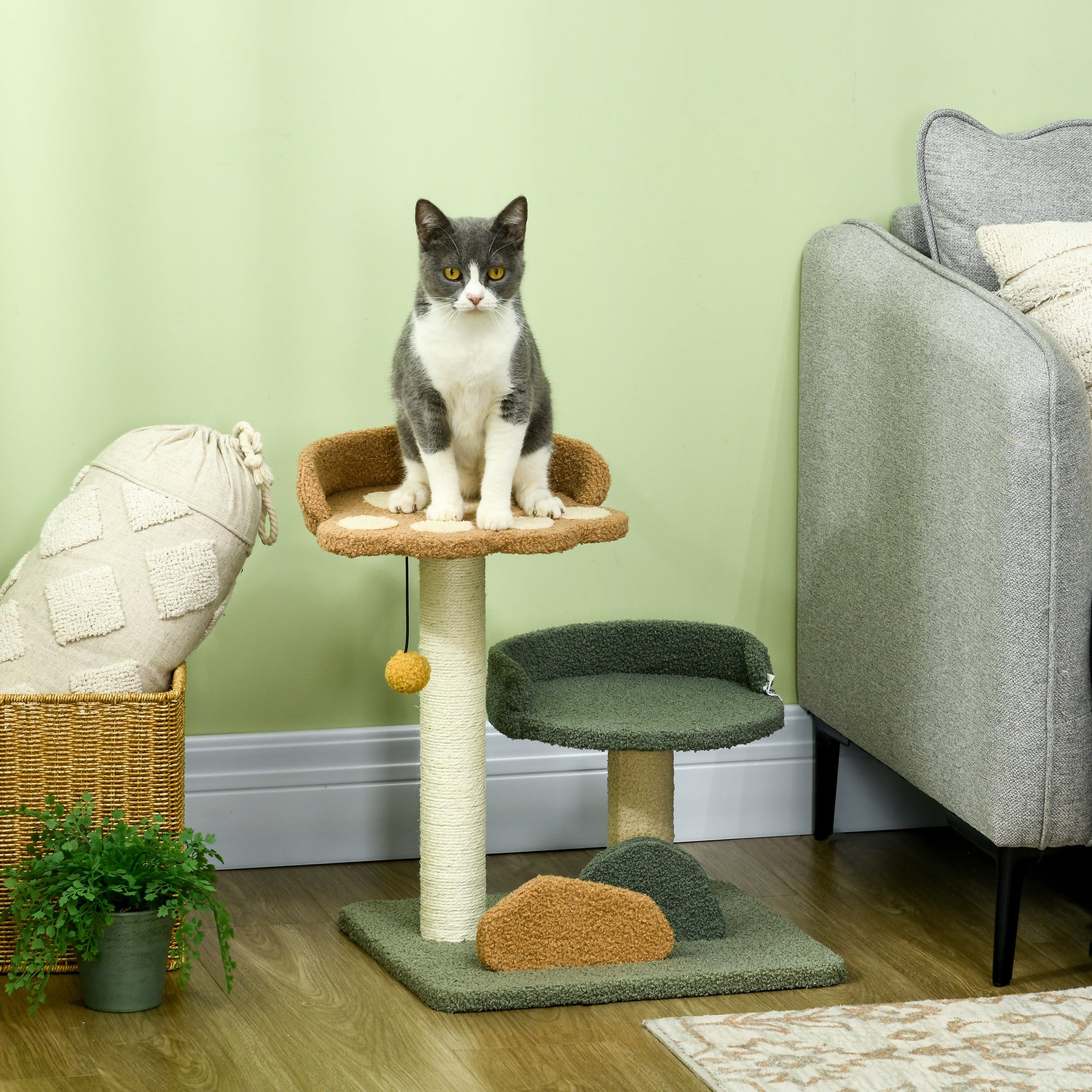 Small Cat Tree For Indoor Cats, Scratching Posts With Two Beds, Toy Ball