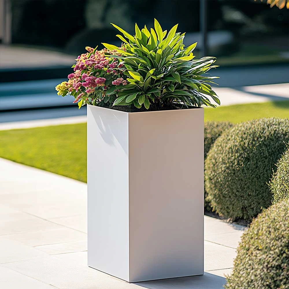 Zinc Galvanised Tall Square Planter | 25cm x 25cm x 50cm | White