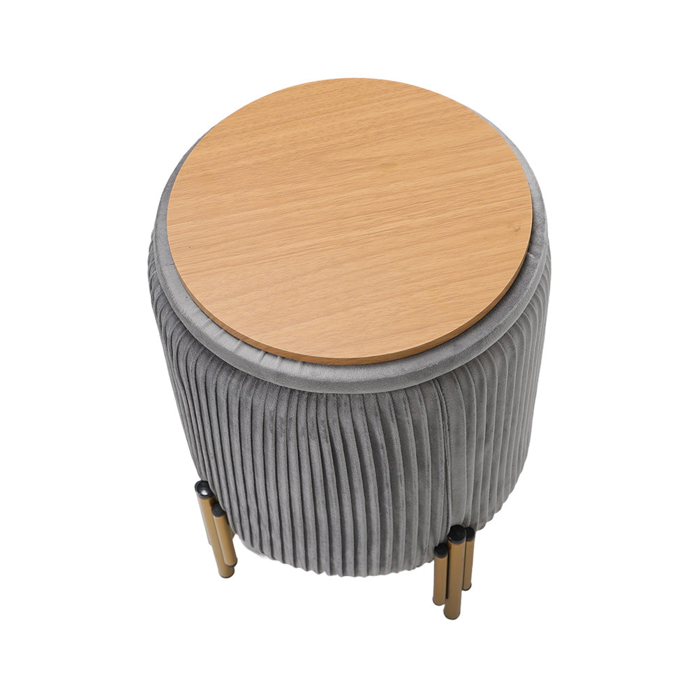 Modern Round Pleated Storage Ottoman With Metal Legs 33cm Dia X 46cm H | Grey