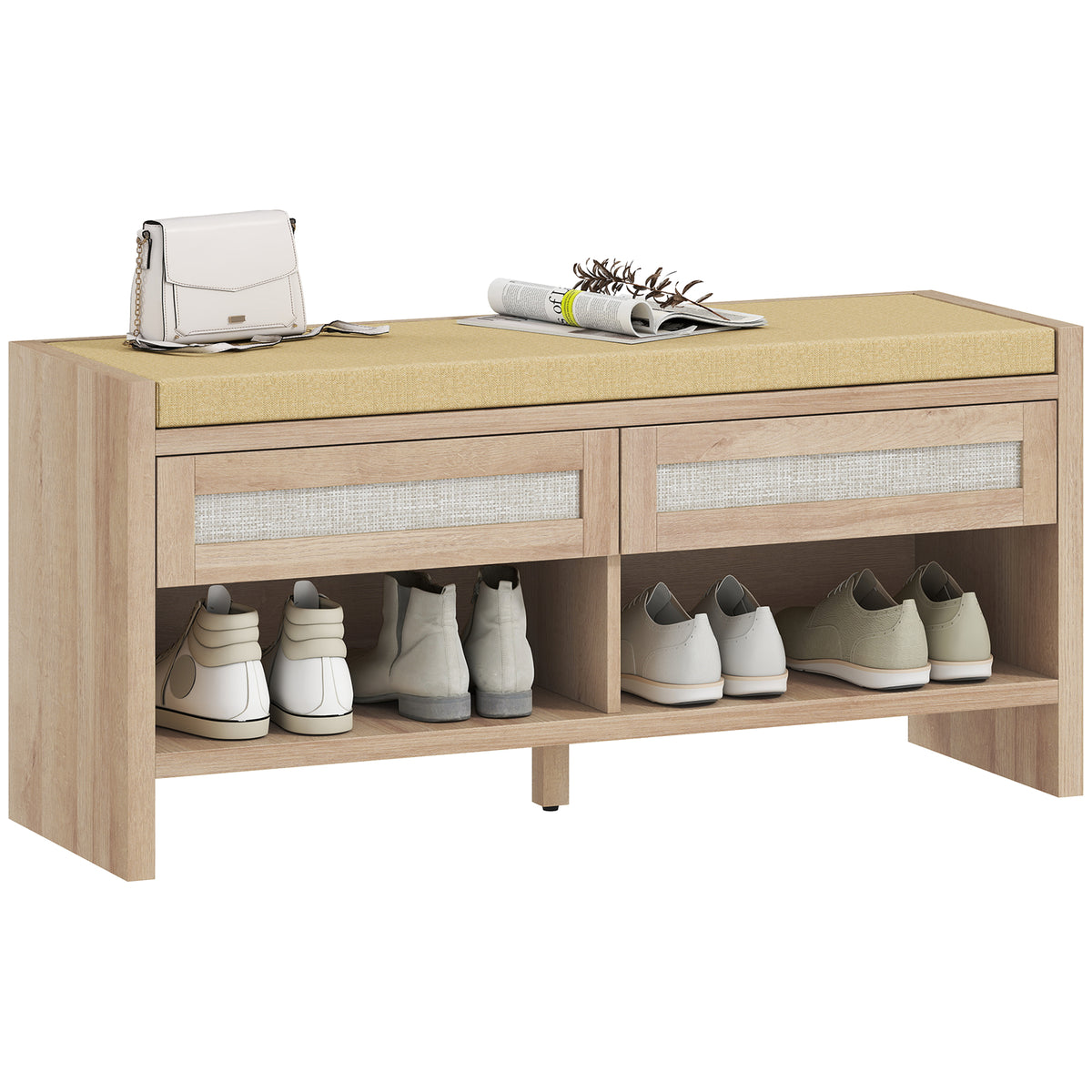 Shoe Bench With 2 Rattan Drawers Cushion | Oak