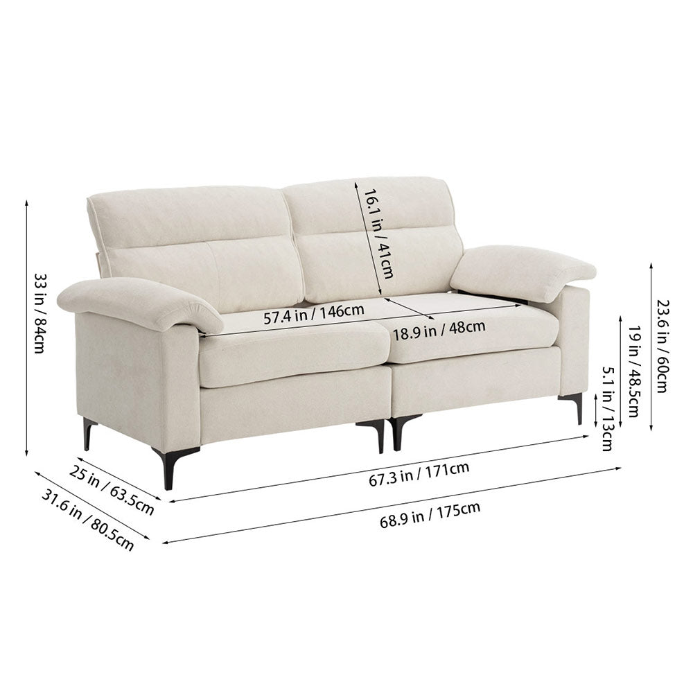 Minimalist Chenille Fabric Two-seat Sofa With Wooden Frame & Black Metal Legs | Beige