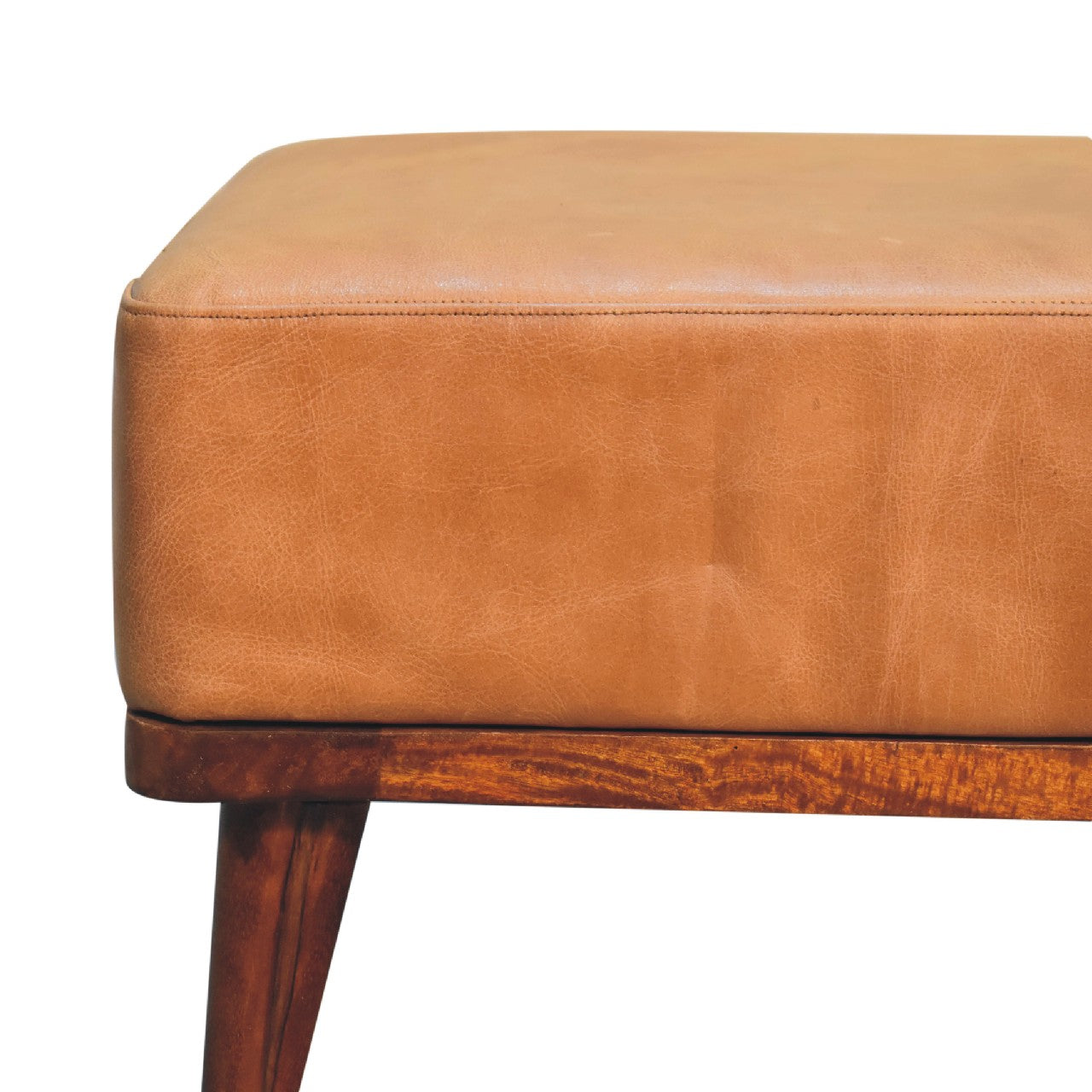 Solid Mango Wood Tan Buffalo Leather Tan Footstool