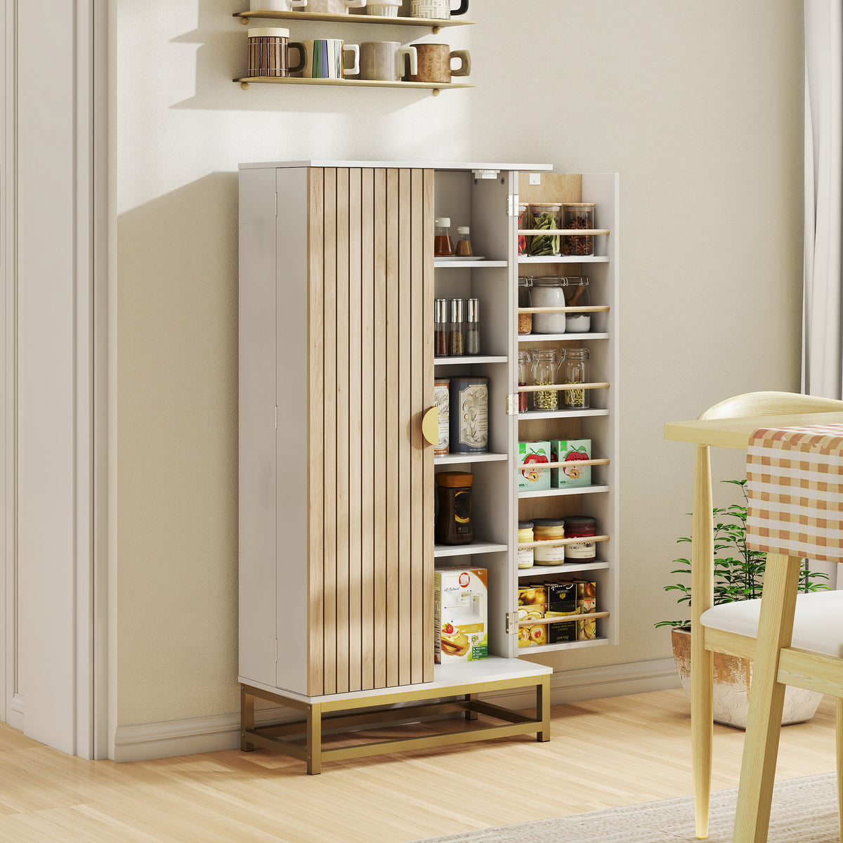 HOMCOM Kitchen Cabinet With Double Doors, 5 Tiers, 12 Spice Racks, White