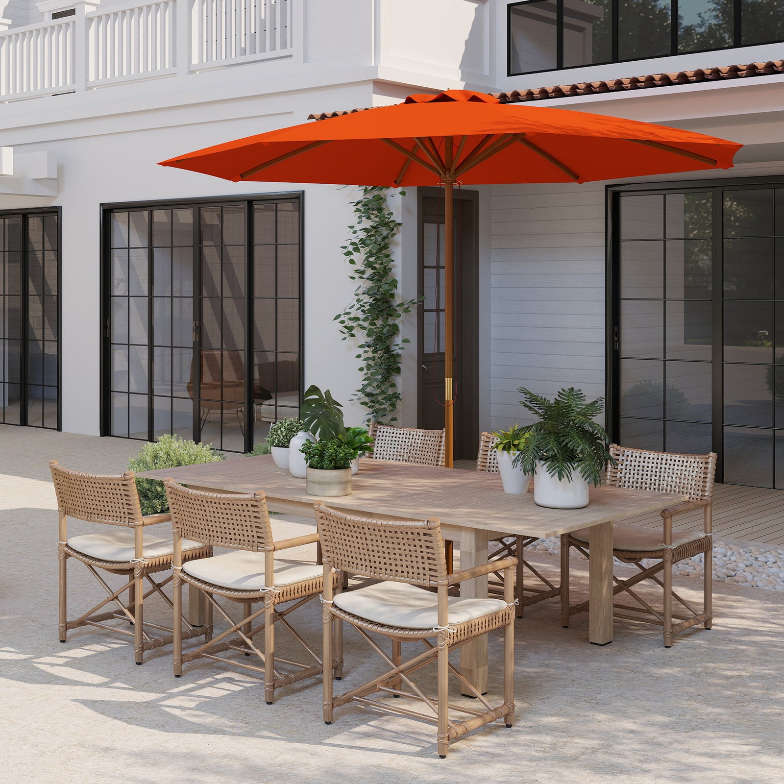 Wooden Garden Parasol With Rope Pulley Mechanism And 8 Ribs | Orange