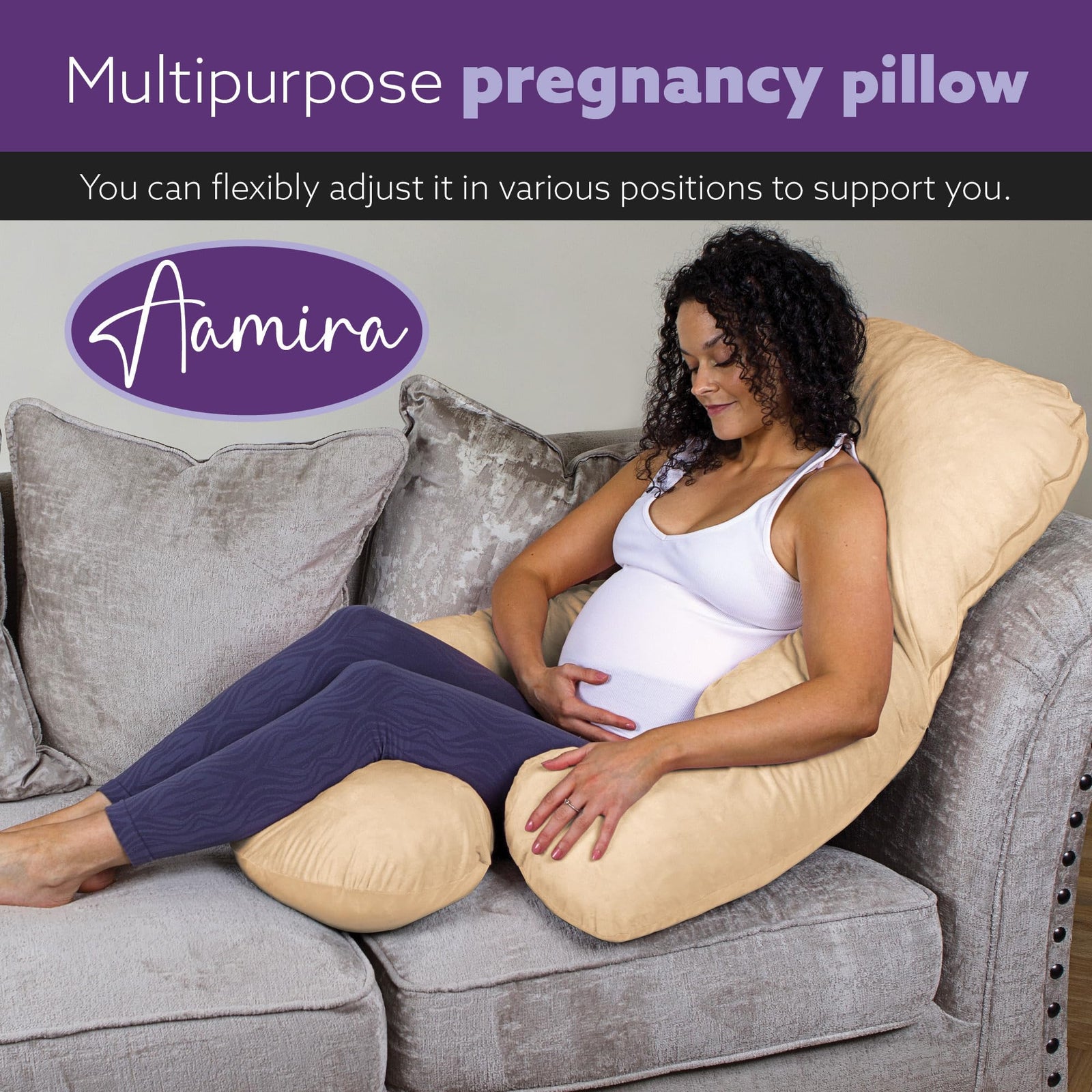 J Shaped Pregnancy Pillow, 140x70x20cm Shredded Memory Foam Full Body Maternity Cushion For Sleeping | J Shape | Cream