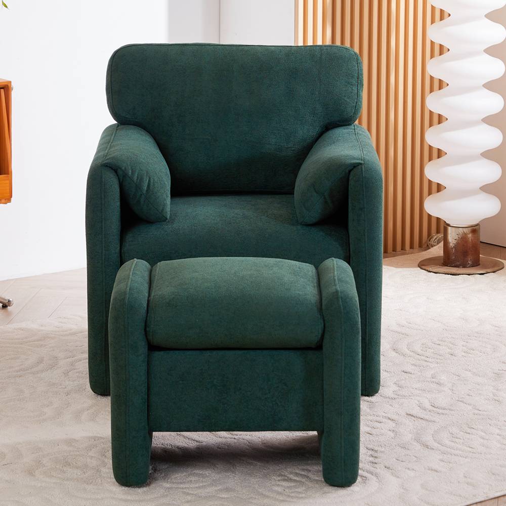 Chenille Upholstered Armchair With Footstool | Green