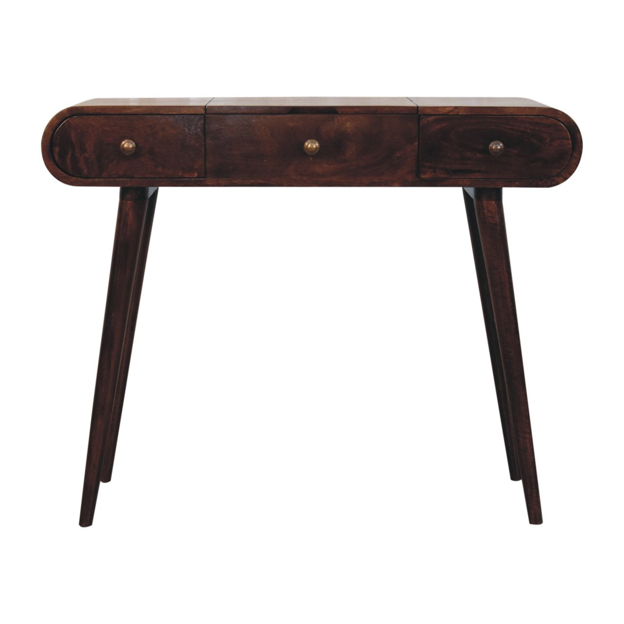 Solid Wood California Walnut Dressing Table With Foldable Mirror, 3 Drawers, Brown