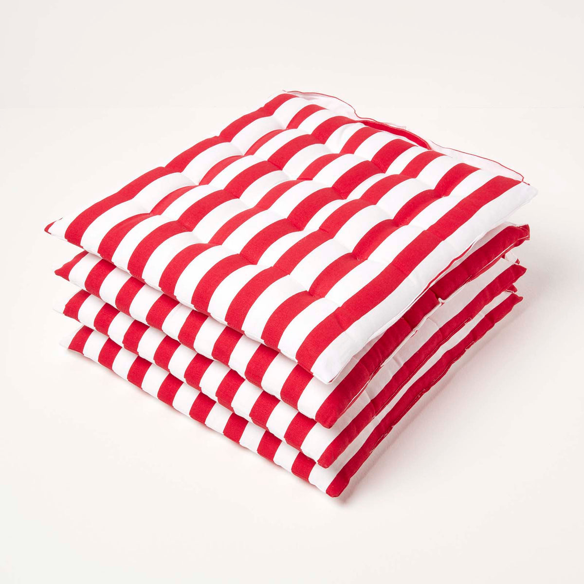 Red Stripe Seat Pad With Button Straps 100% Cotton, 40 X 40 Cm | Set of 4 | Red